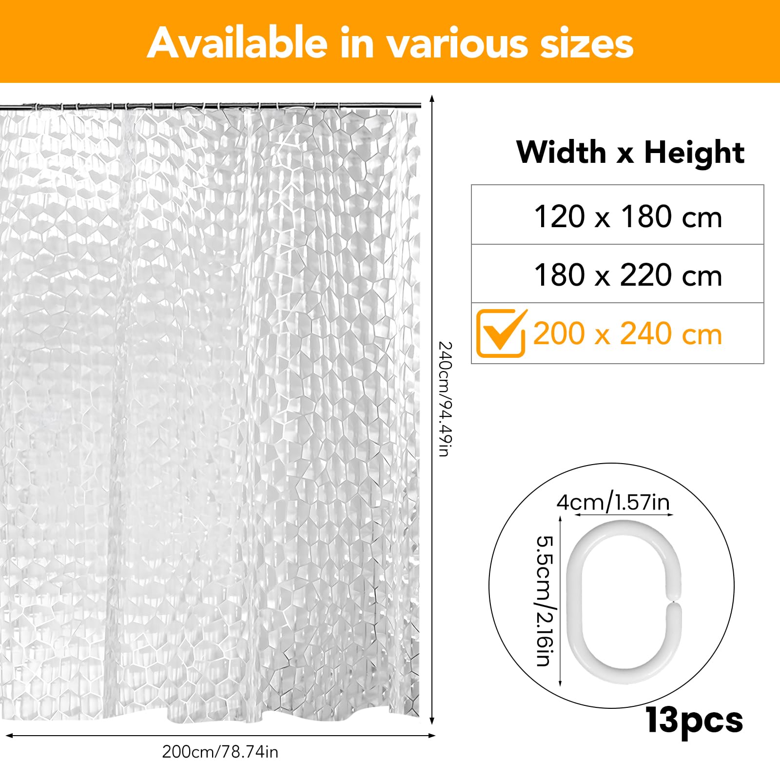 Tenda Doccia EVA Antimuffa 240x200 Cm - Trasparente 3D, Lavabile, Con 16 Ganci, Ecologica - Foto 4