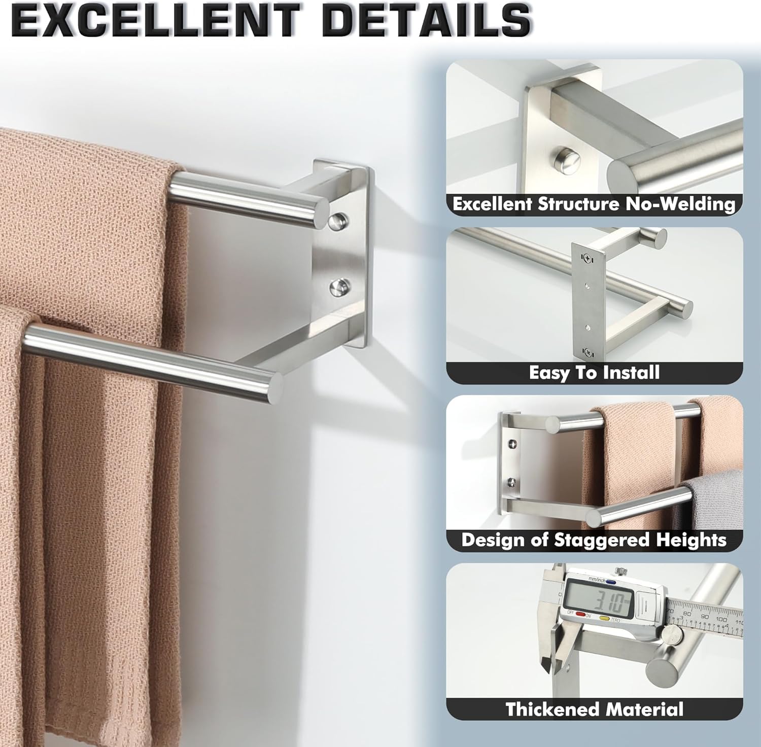 Porte-serviette Mural Acier Inoxydable 40 Cm – Finition Brossée, Antirouille | Salle De Bain, Cuisine, Entrée
