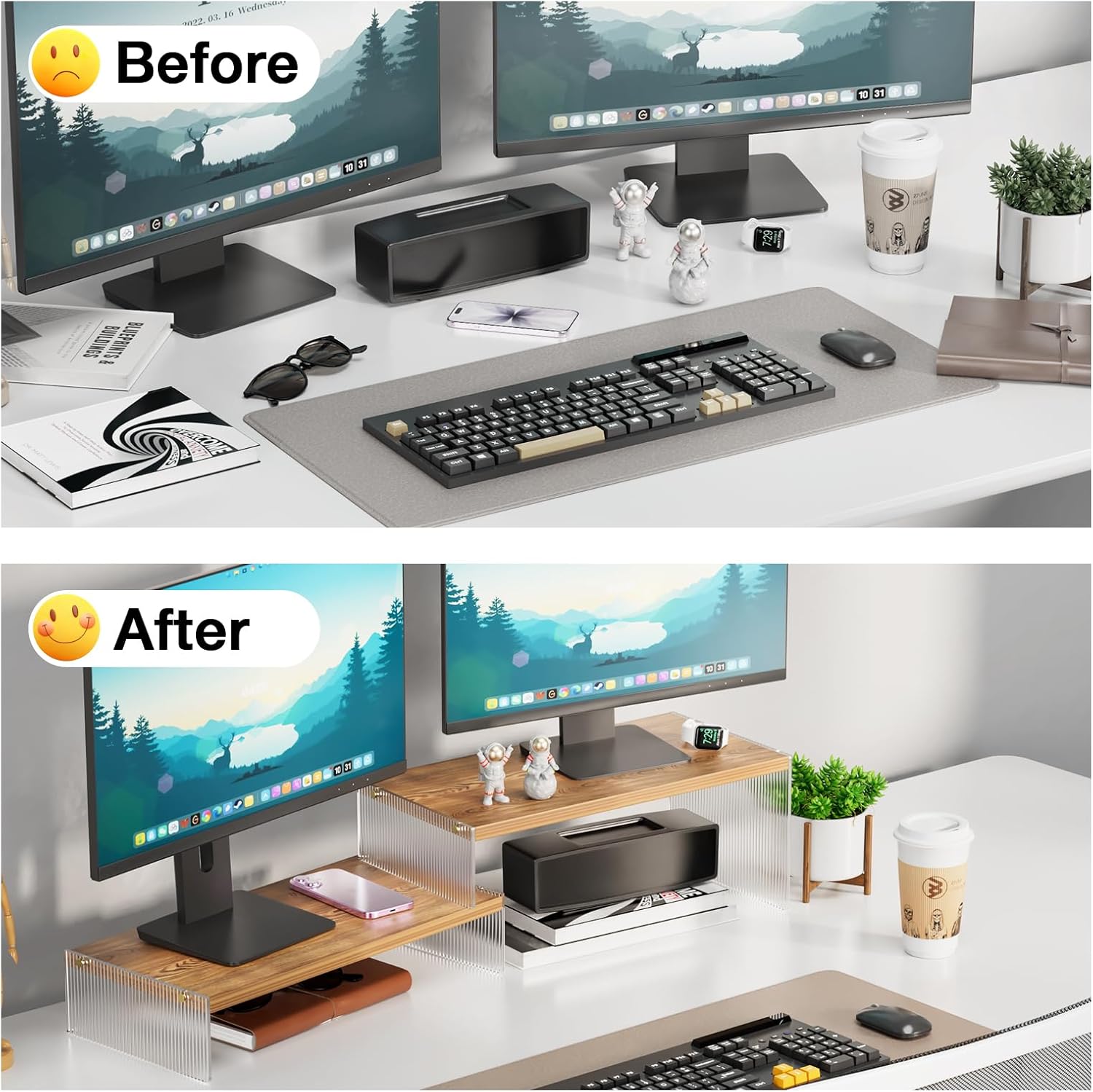 Adjustable Monitor Stand Riser with Acrylic Legs丨15.74" Length Dual Monitor Stand for Desk丨2-Tier Wood Desktop Organizer for Computer, Laptop, Printer & PC丨Modern Aesthetic Desk Shelf(wood-wavy)
