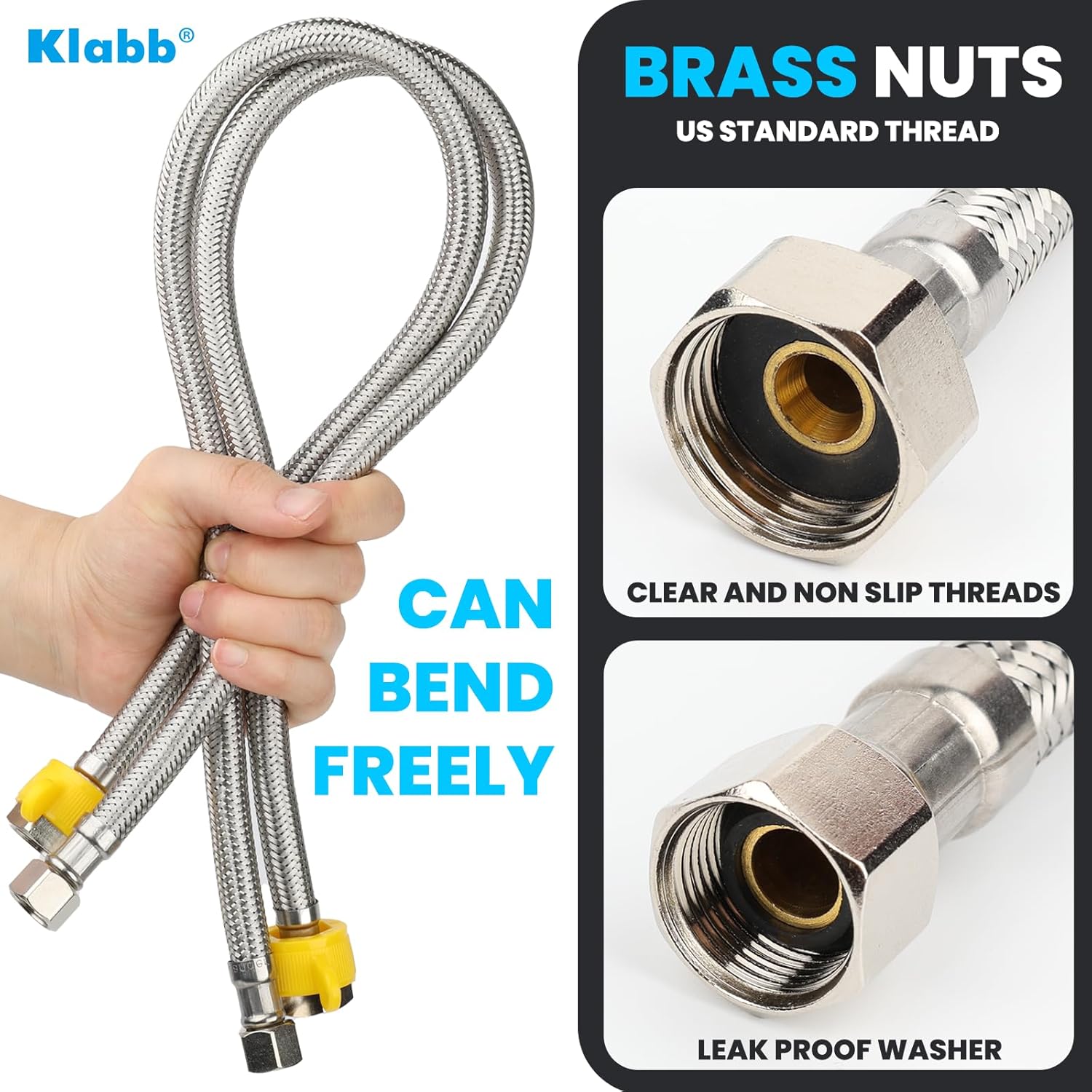 Klabb 24-Inch Long Bathroom Kitchen Faucet Connector Braided Stainless Steel Supply Hose 3/8-Inch Female Compression Thread x M10 Male Connector, x 4Pcs (2 Pair)