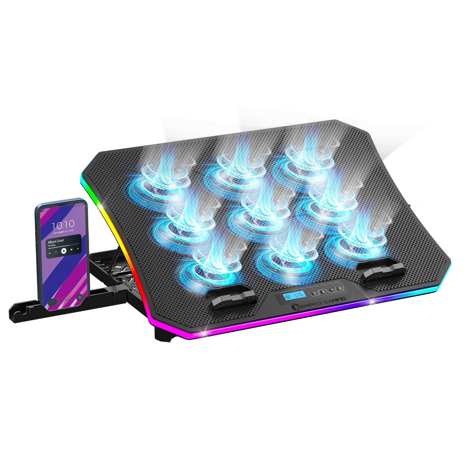 EMPIRE GAMING - Guardian C900 PC-Kühler für Laptop 12''-17'' RGB - 9 Lüfter - LCD-Controller - 10 RGB-Modi - 6 Geschwindigkeiten - 7 Einstellbare Höhen - Abnehmbare Halterung