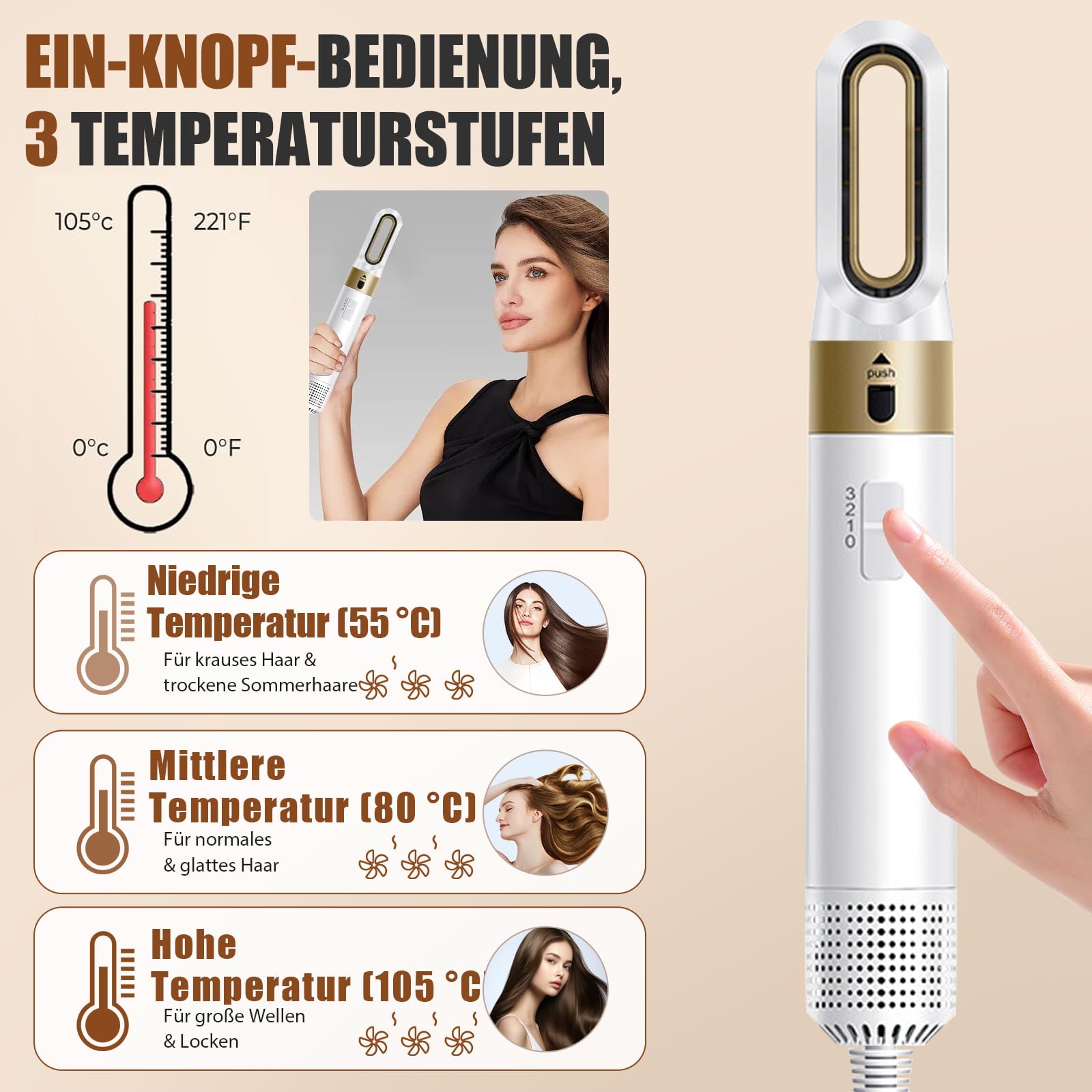6 in 1 Hairstyler, Ionen Föhn, 1000W Multifunktionaler Hairstyler, Lockenstab Automatisch, Keramiktechnologie, Professioneller Warmluftbürste, Locken und Glätten (Weiß)