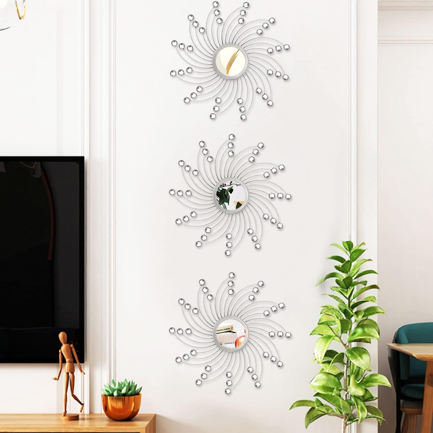 Uaussi 3 Pack Crystal Sunburst Wall Mirror Décor Rhinestone Mirrors Decorative Home Wall Art for Living Room Bedroom Entryway(Curle Burst Silver)