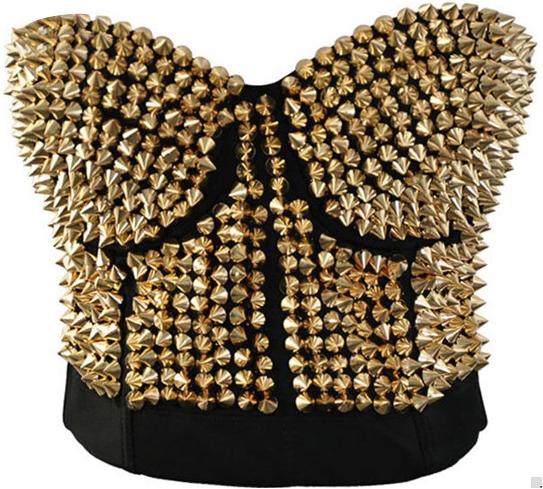 AiuemBelly Dance Clubwear Gold Punk Metallic Gathers Spike Studs Rivet Strapless Bra Bustier Sexy Brassiere Push Up Bralette