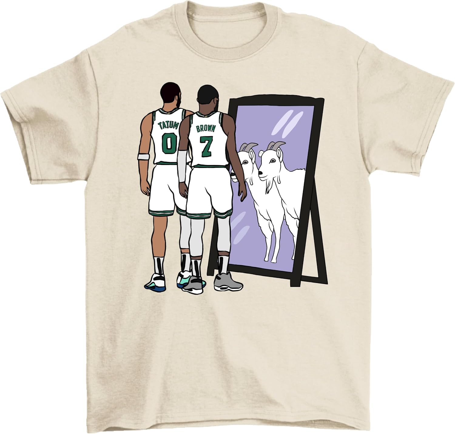 Generic Jayson Tatum and Jaylen Brown Mirror GOATs Boston Basketball T-Shirt, Green,natural,black,white