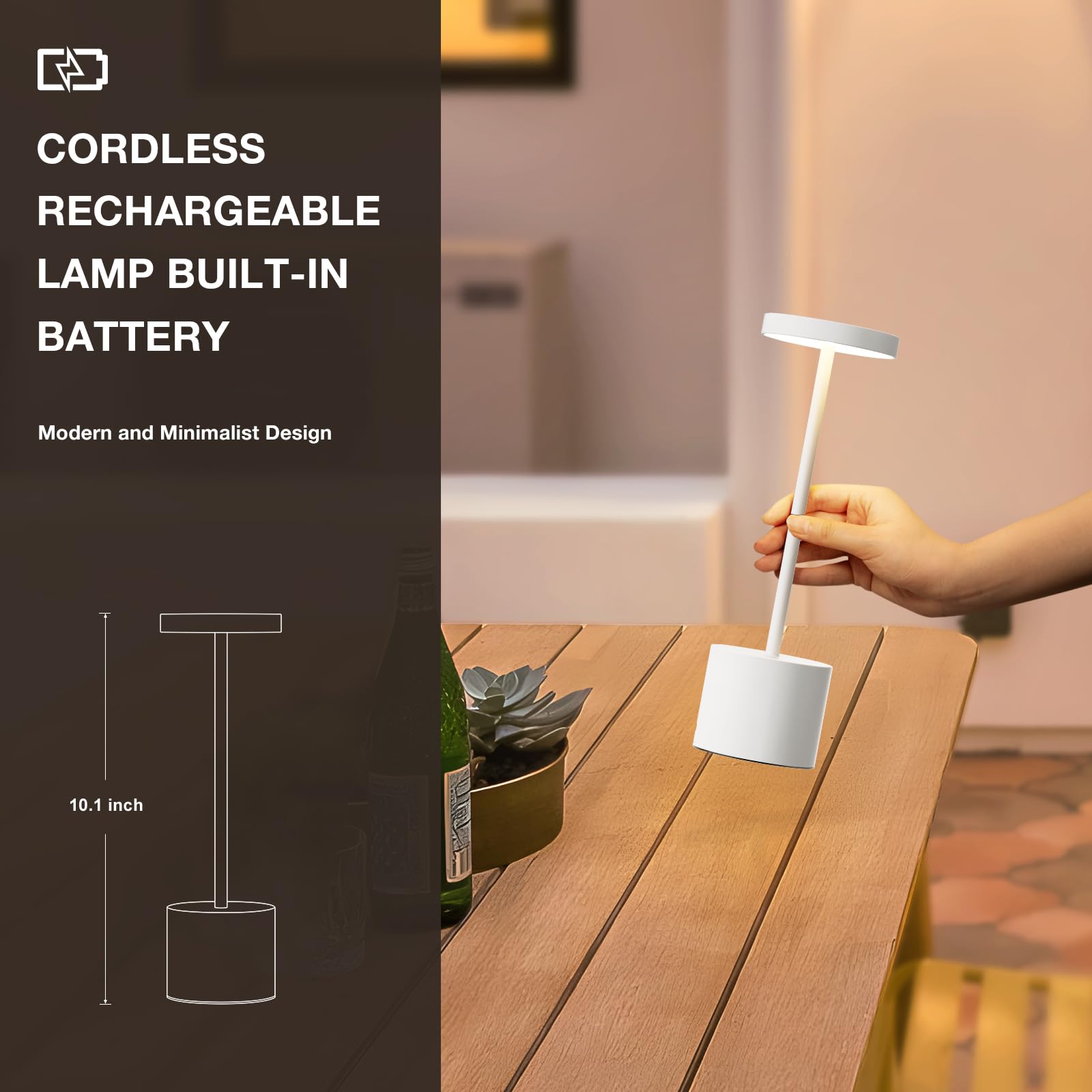 LED Tischlampe Kabellos, Tischlampe Akku, Tischleuchte Kabellos Akku mit 3 Farbtemperatur, Touch Nachttischlampe Dimmbar, Stufenlos Dimmbar für Schlafzimmer, 2 Stück, Weiß