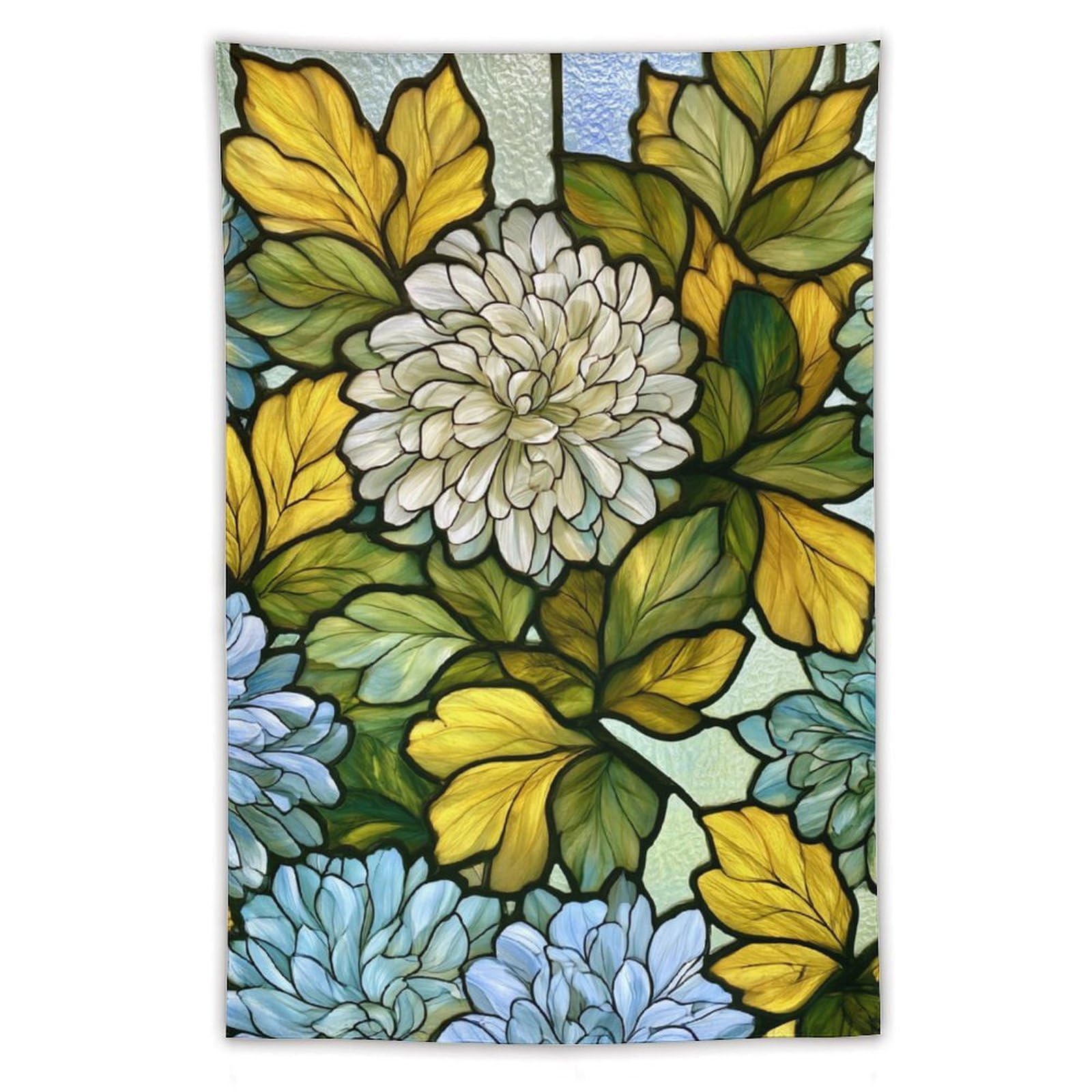 Jubonexis White Pale Blue Chrysanthemum Flower Pattern Tapestry Polyester Aesthetic Wall Hanging Bedroom Living Room Dorm Decor 40"x60"
