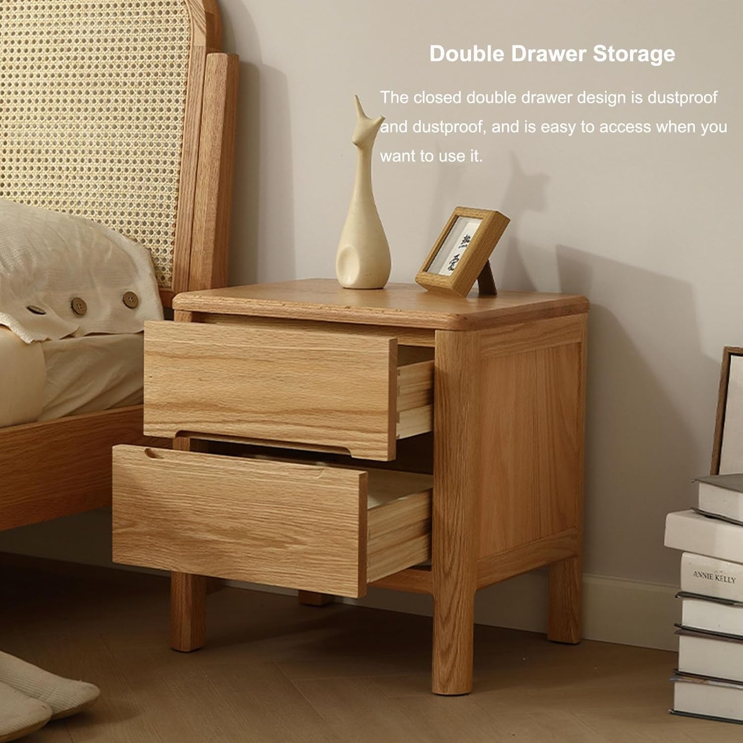 Oak Nightstand, Bedside Table with 2 Drawer Mid Century Modern Nightstand Wooden Night Stand Bedside Table for Bedroom Natural Color 17.7"" L*15.7"" W*18.5"" H