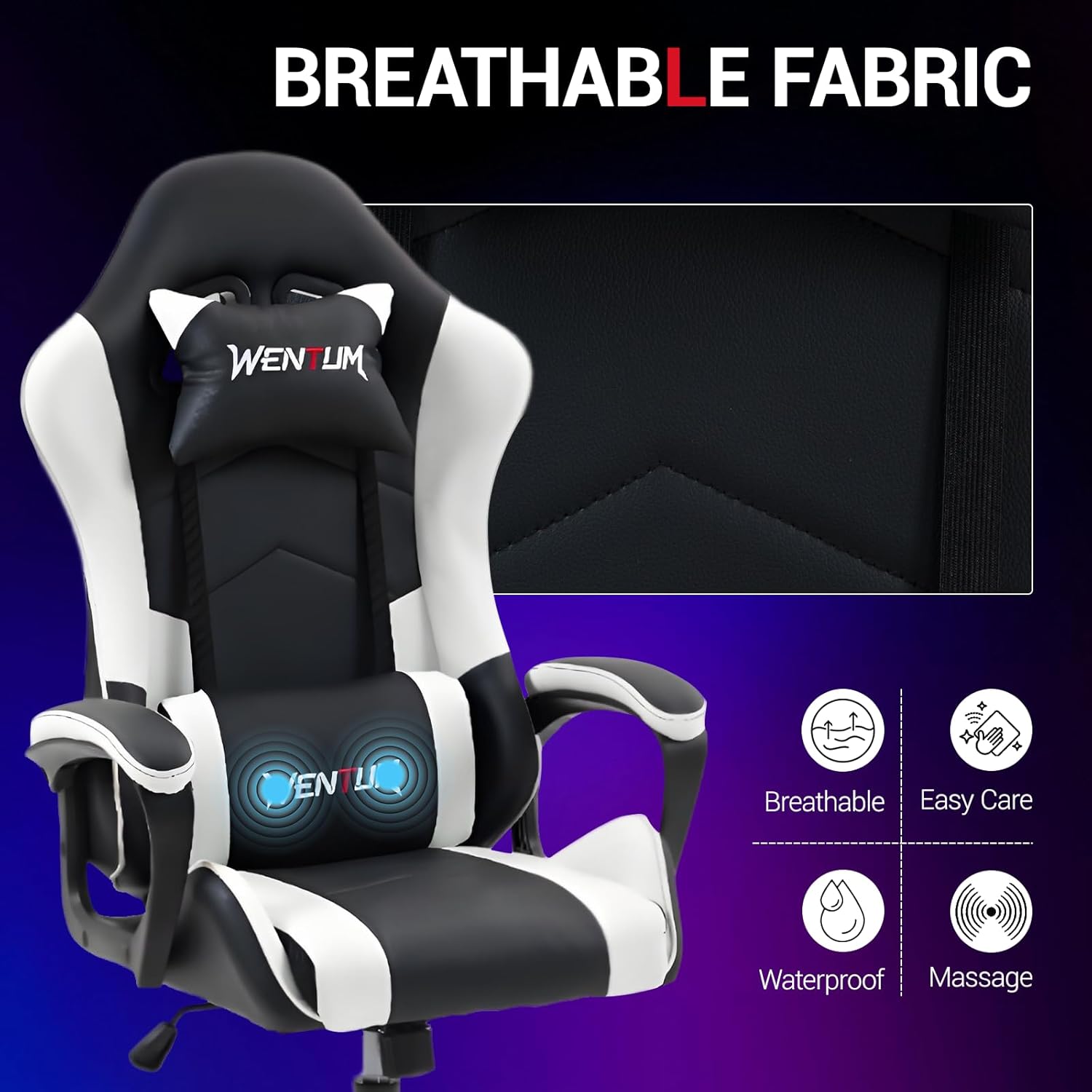 Ergonomic Massage Gaming Chair for Kids Adults, Comfy PU Leather Office Desk Chair with Adjustable Headrest Lumbar Support 360° Swivel, White
