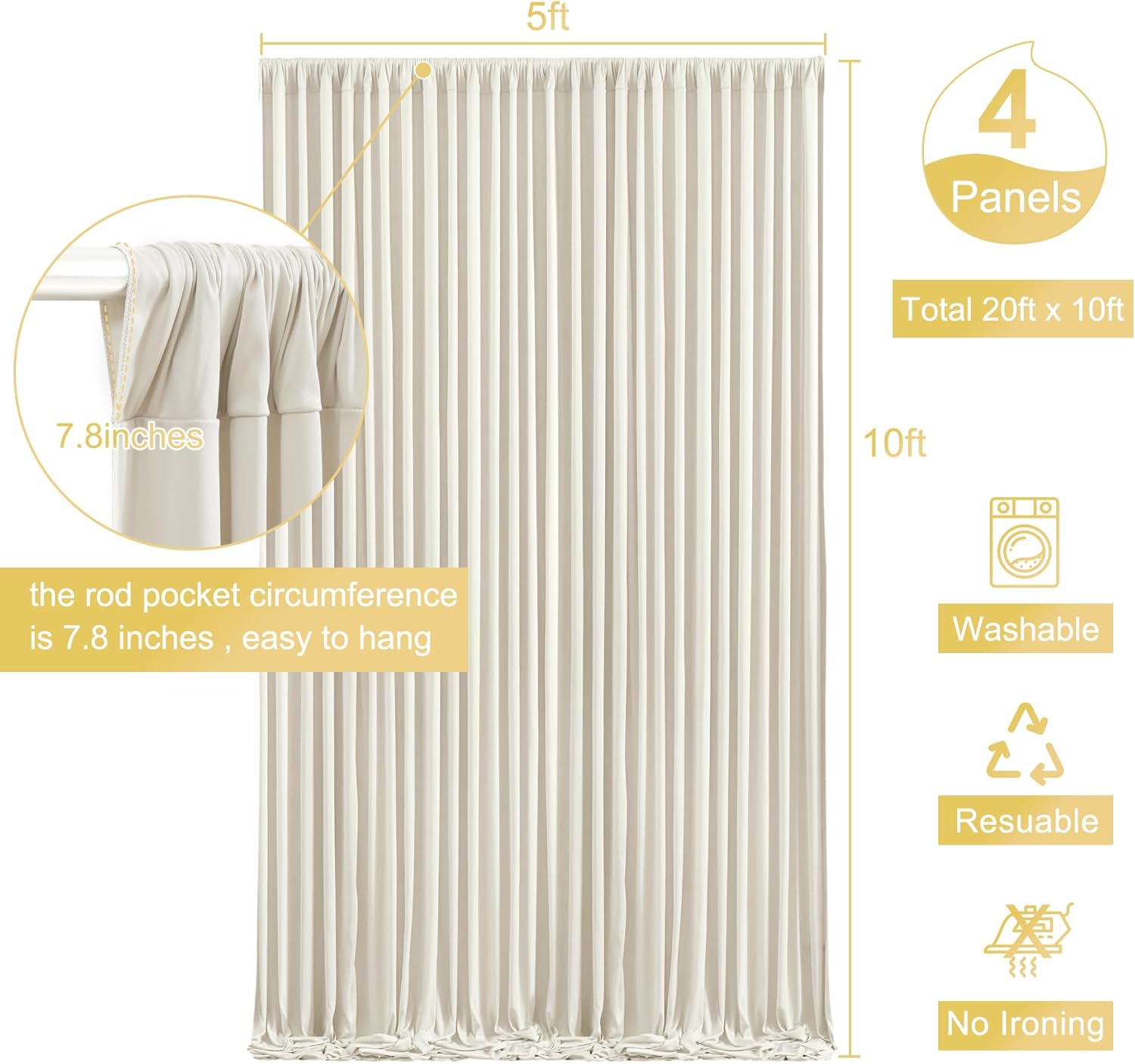 4 Panels Beige Backdrop Curtain for Baby Shower Wrinkle Free 20ft x 10ft Backdrop Drapes Panels for Parties Wedding Bridal Shower Birthday Photo Photography Fabric Background Decoration