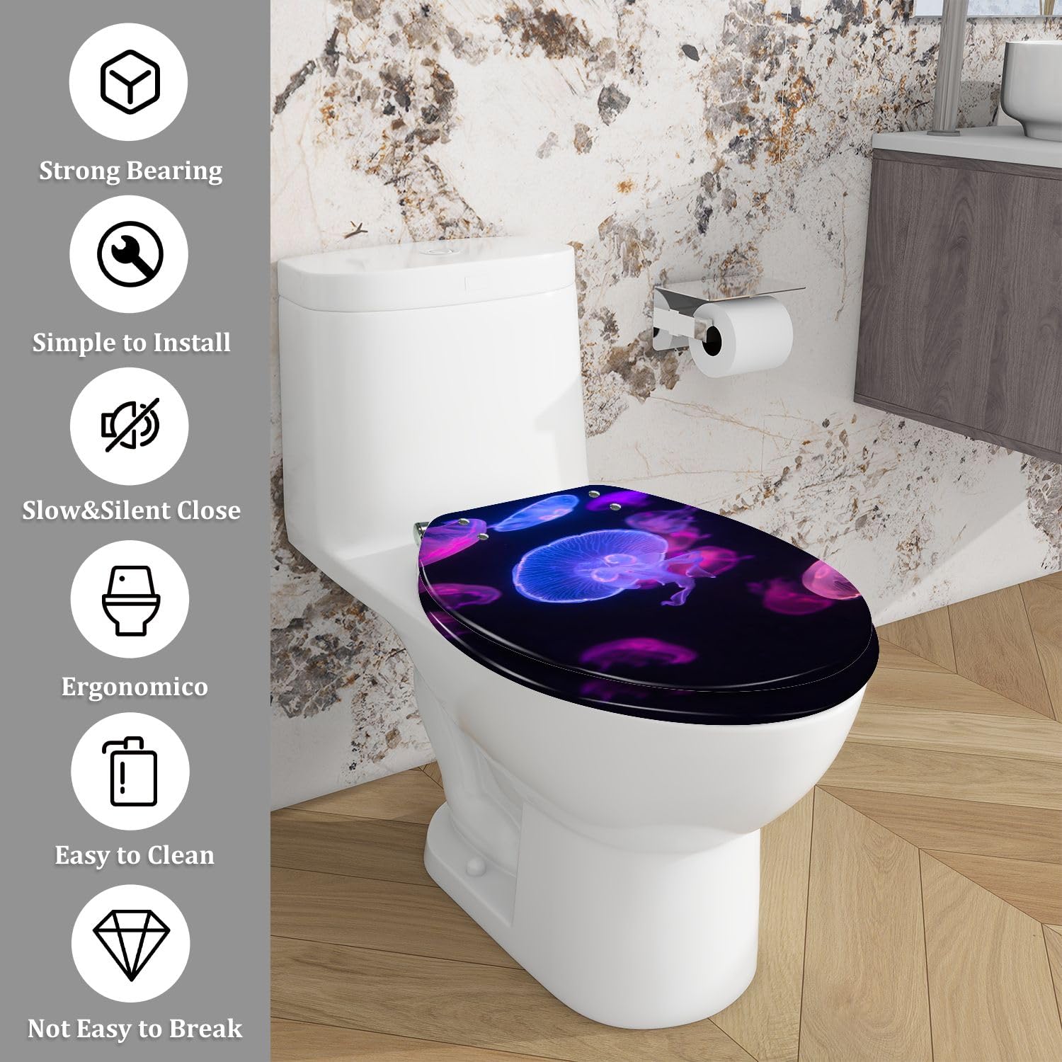 Asiento de inodoro alargado de resina para uso en el baño.