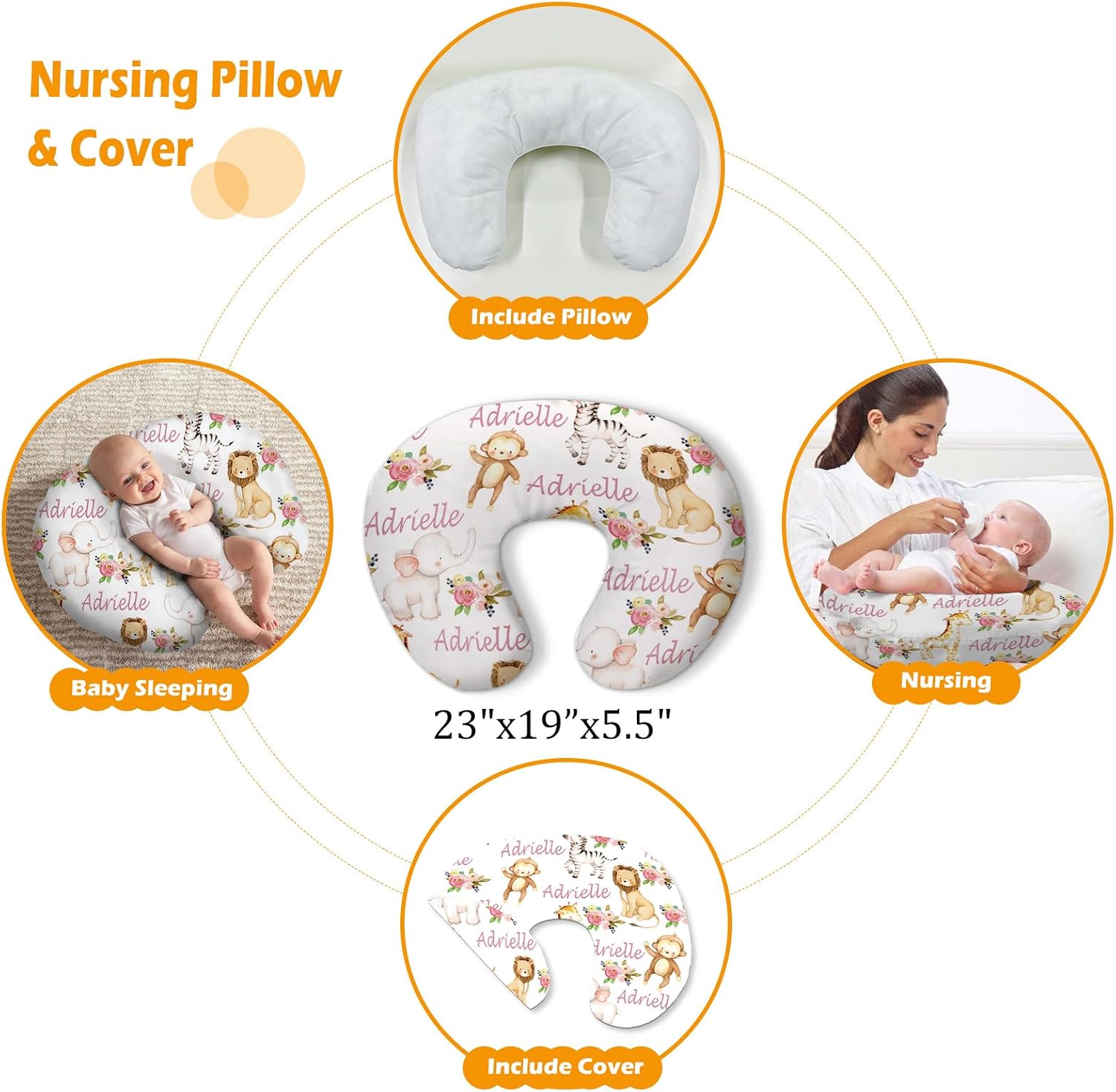 Custom Baby Nursing Swaddling Set: Personalized Custom Name Swaddle Blanket Car Seat Cover Bow Headband Hat Nursing Pillow for Infant Boy Girl Watercolor Animals Pattern Lion Monkey Elephant