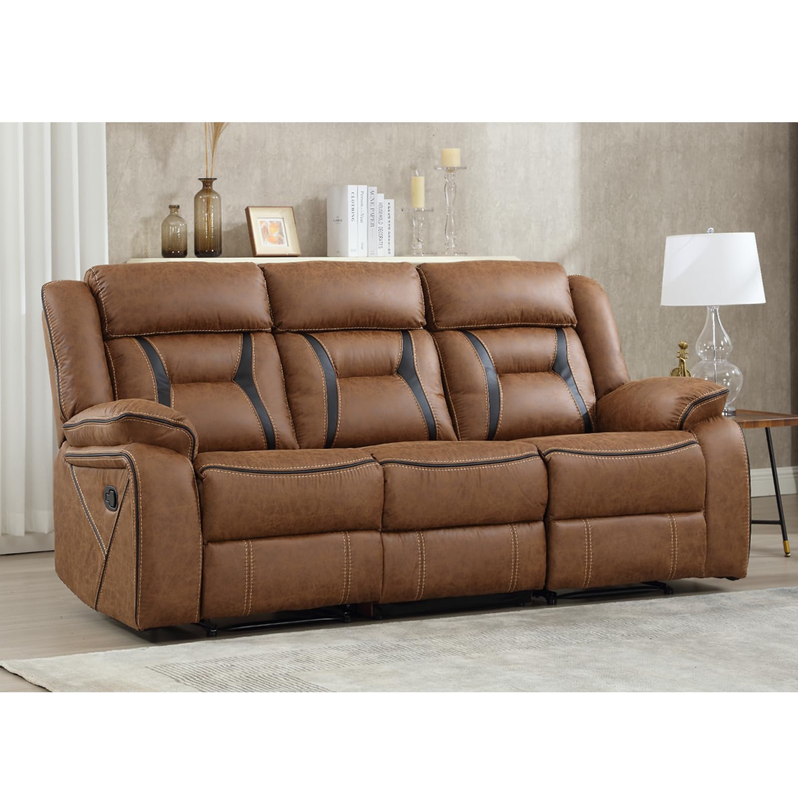 EBELLO Faux Leather Manual Reclining Sofa, 3 Seat Recliner Sofa Chair, Couch Furniture for Living Room, Furniture, Meeting Room, Brown (3 Seat Sofa) view 6