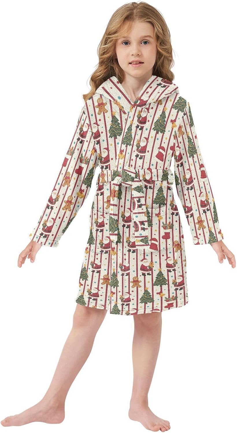 GuoChe Christmas Striped Pattern Hooded Pajama Robe For Girls