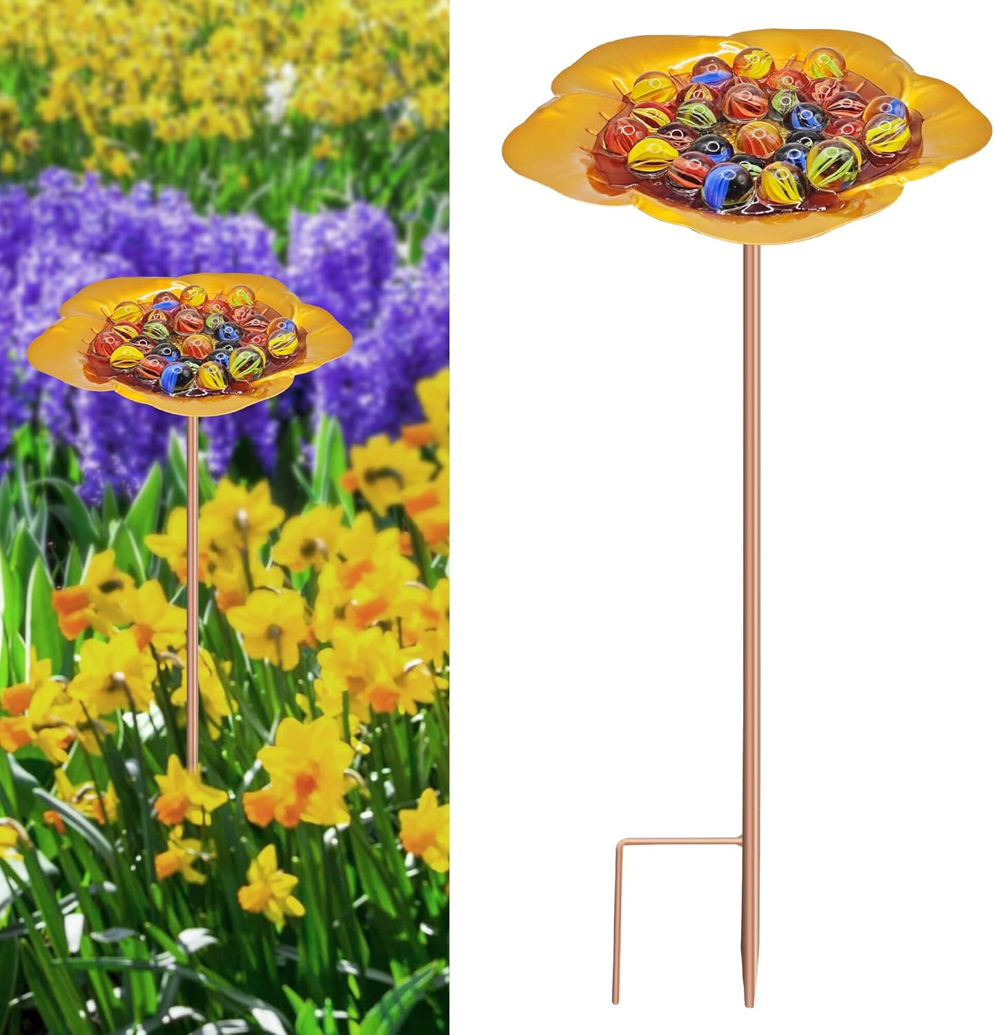 Bee Watering Station with Vivid Flower Design,Bee Cups for Garden with 30 Glass Marbles,Butterfly Feeder Bee Feeder with Metal Stakes,Butterfly Puddler Bee Bath Garden Yard Décor (Golden-1PACK)