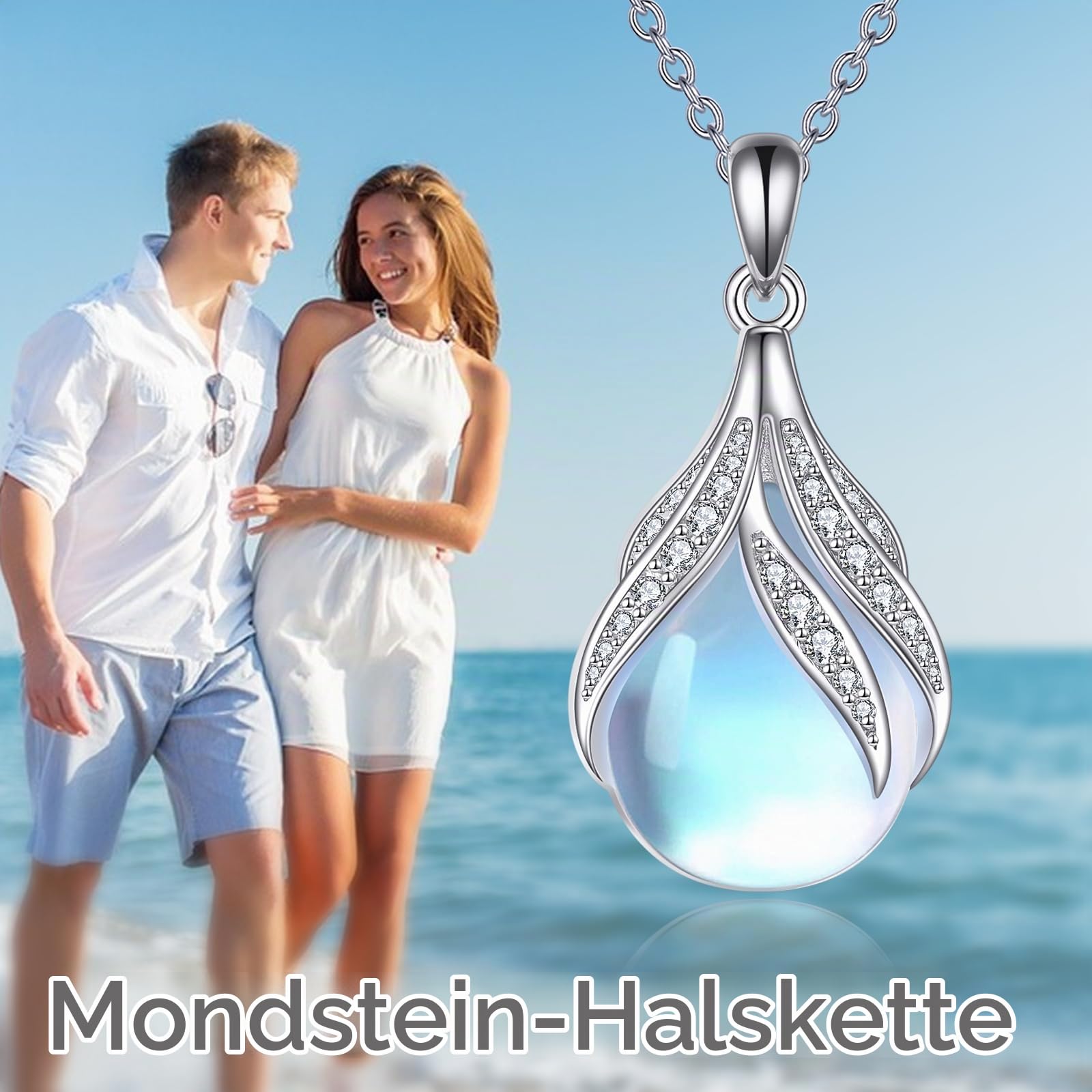 YAFEINI Tropfen/Herz Mondstein Kette für Damen Sterling Silber Filigrane Anhänger Halskette Blauer Edelstein Schmuck Geschenke für Mutter Ehefrau Tochter