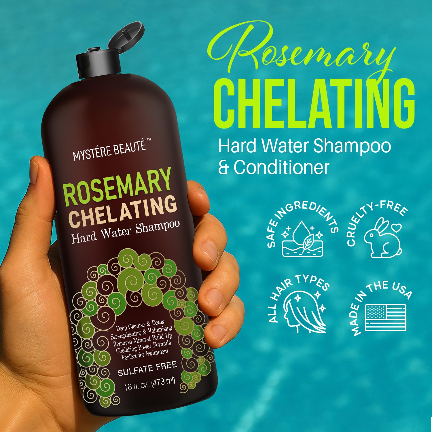 MYSTÈRE BEAUTÉ Rosemary Chelating Shampoo and Conditioner Set – Sulfate Free Hard Water Hair Care with Biotin, Keratin & Tea Tree – Clarifying & Strengthening Duo for Hair Growth – 16 oz Each - Image 7