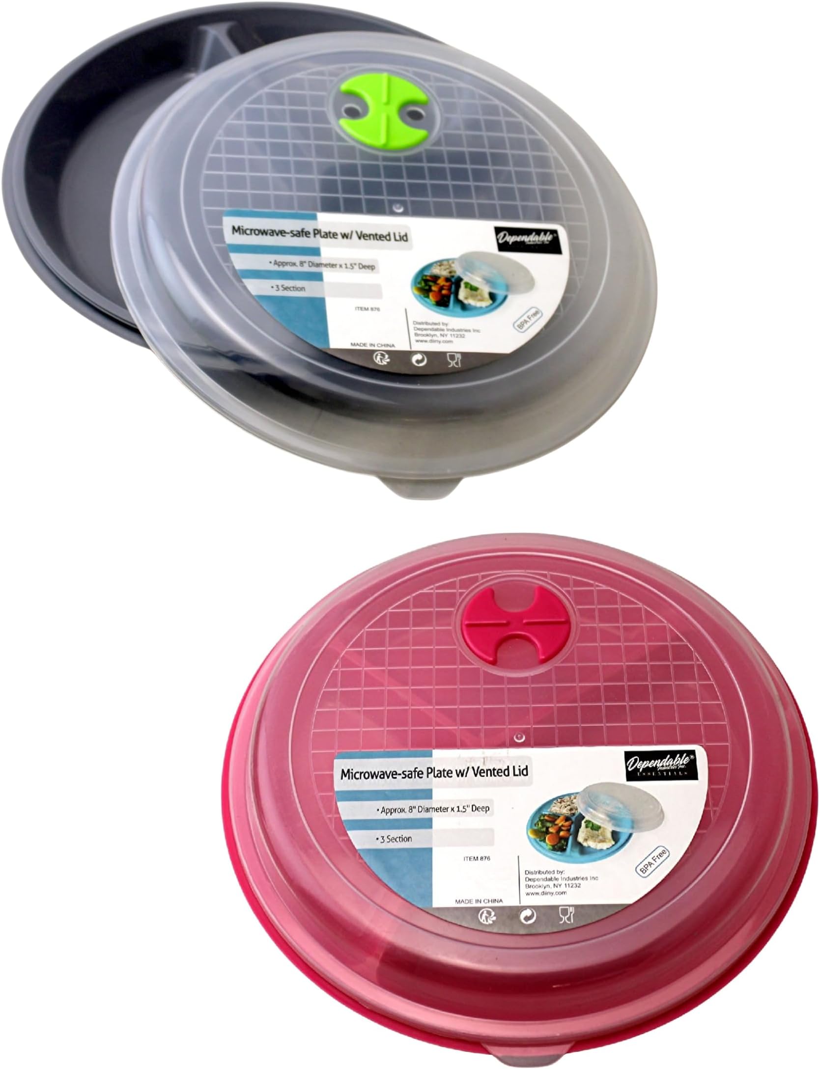 Dependable Industries inc. Essentials 2-Pack Microwave Lunch Plates with Lids – 3-Section BPA-Free Plastic – Vented, Dishwasher Safe – Meal Prep, Office, School Use – Assorted Colors