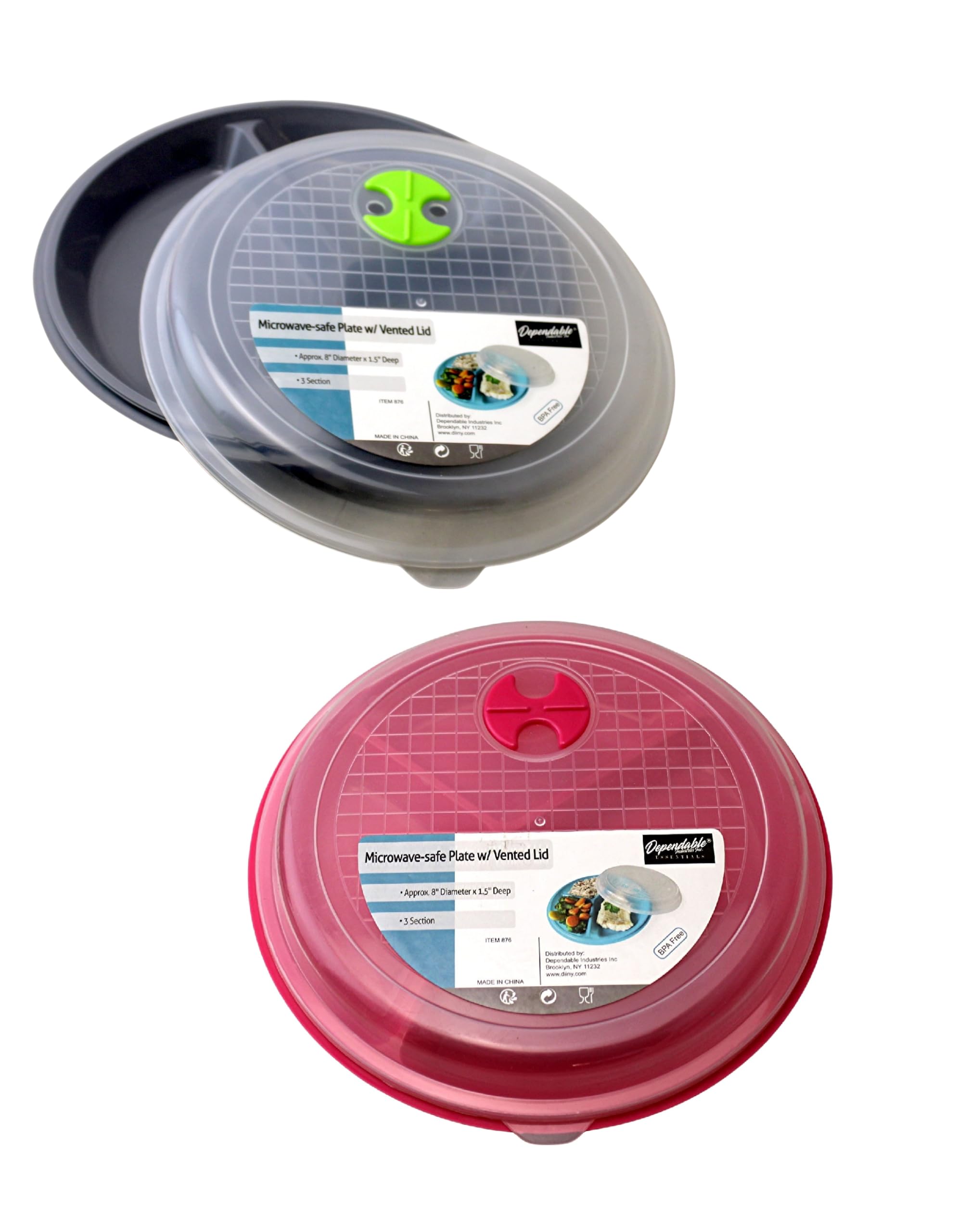 Dependable Industries inc. Essentials 2-Pack Microwave Lunch Plates with Lids – 3-Section BPA-Free Plastic – Vented, Dishwasher Safe – Meal Prep, Office, School Use – Assorted Colors
