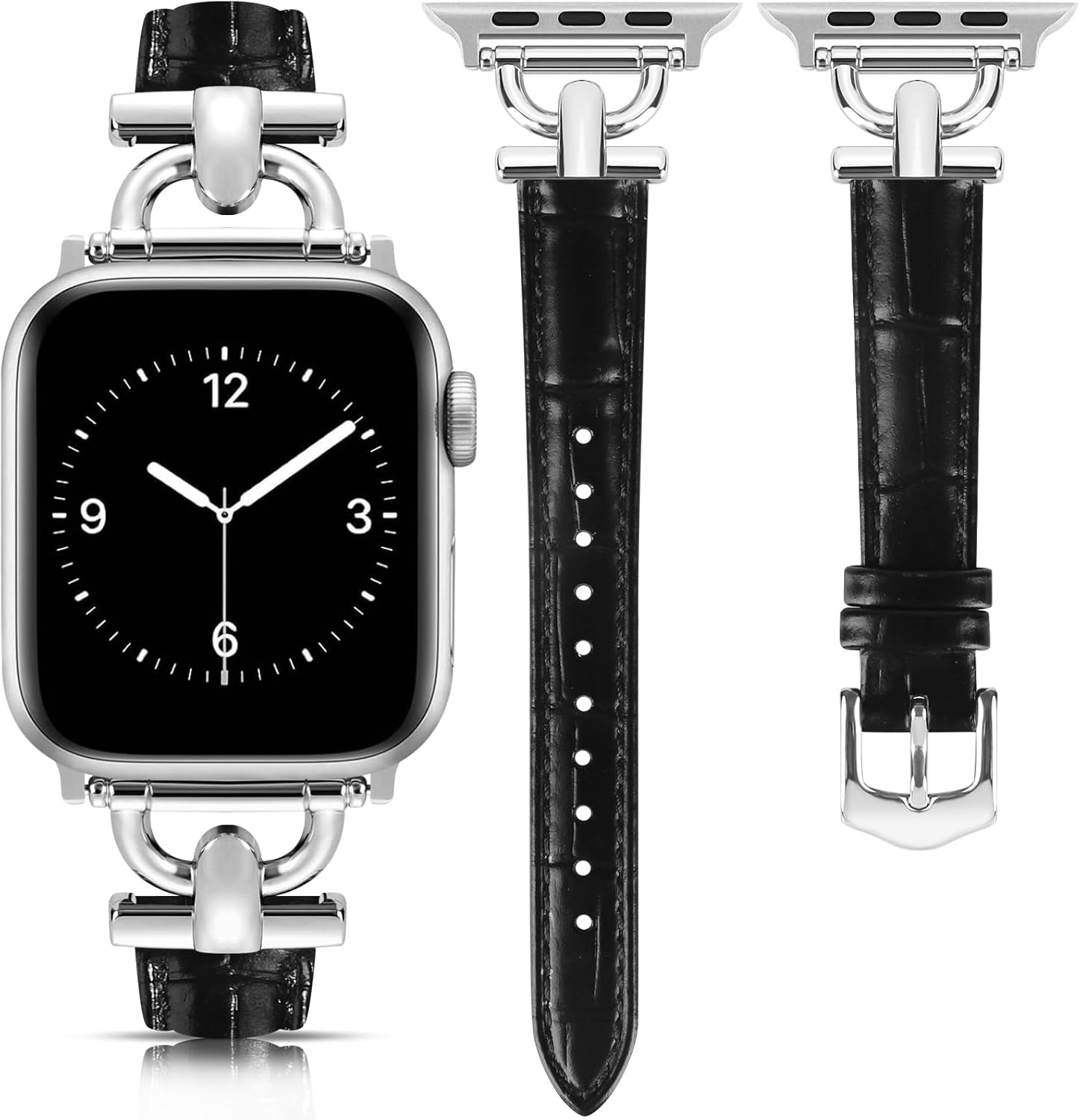 Leather Band Compatible with Apple Watch Bands for Women, Dressy Fancy Strap for iWatch Series 11/10/9/8/7/6/5/4/3/2/1/se(38mm 40mm 41mm 42mm,Black/Silver)