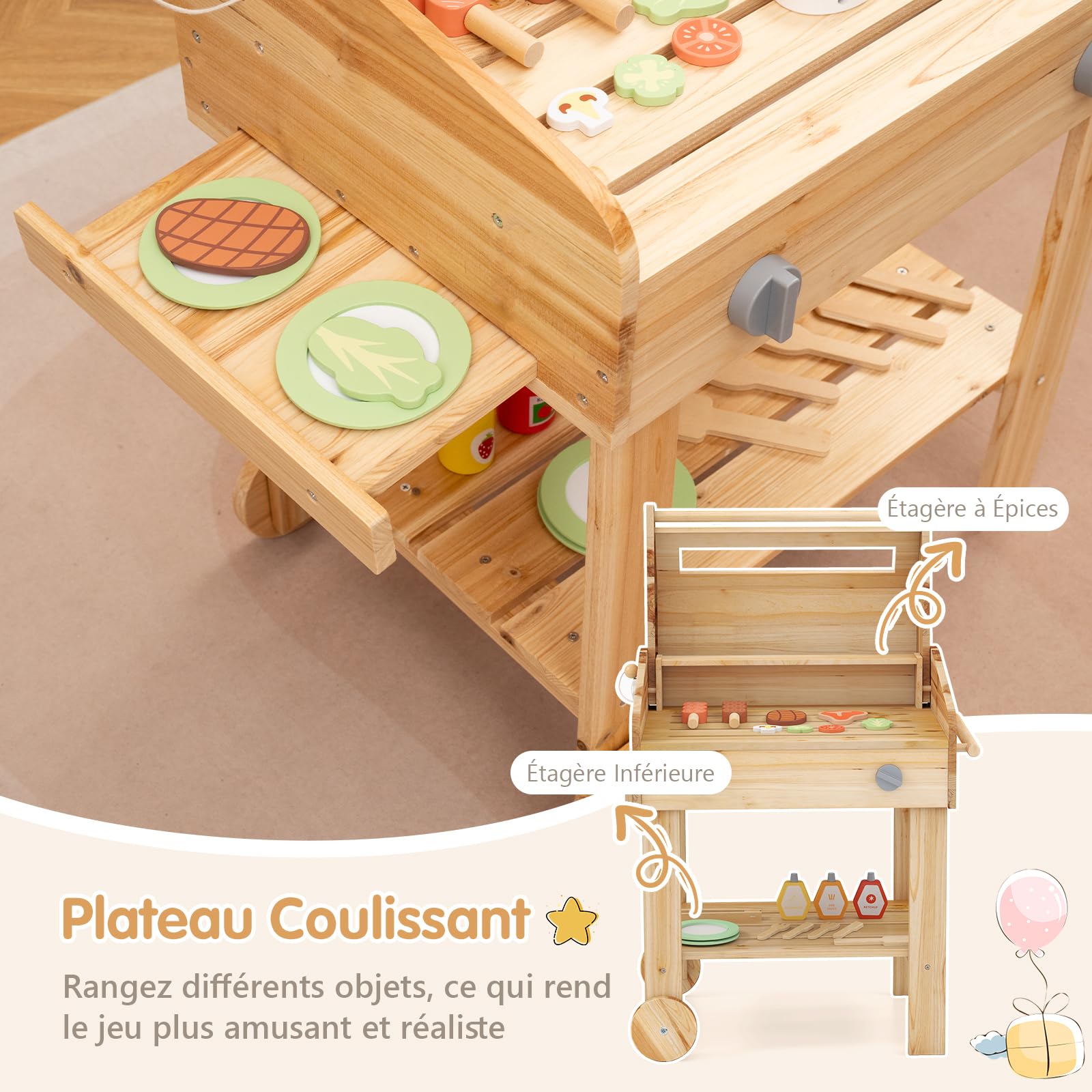GOPLUS Barbecue en Bois Enfant, Jeu BBQ Set avec Nourriture de Jeu, Outils de Gril et Bouteilles d'Assaisonnement, Jouet de Cuisine Intérieur/Extérieur pour Enfant 3+ Ans