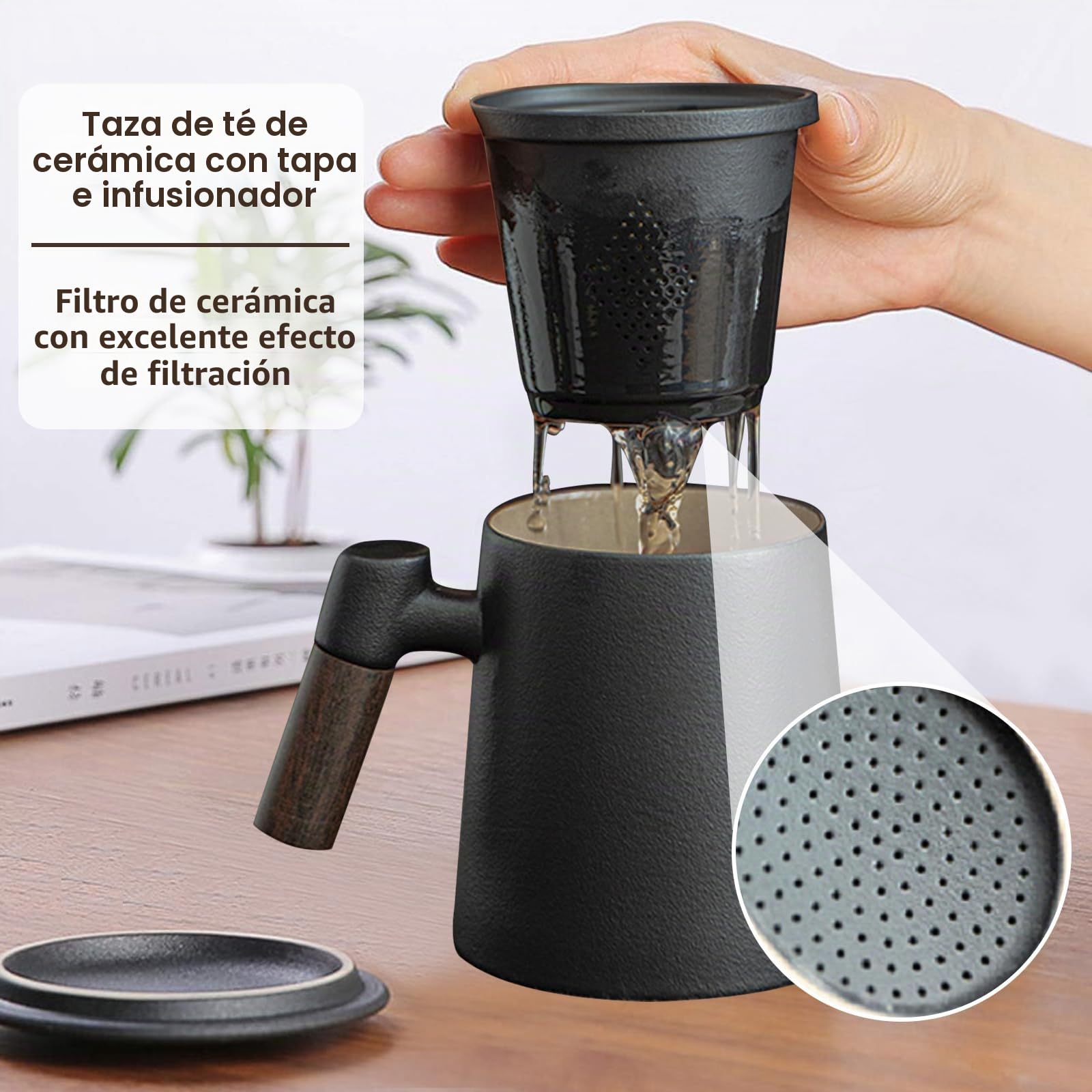 Taza de Te con Filtro y Tapa,400ml Taza de Té Infusiones Con Tapa y Filtro,Taza de Té de con Mango de Madera,Tazas de Té para Preparar Café u Hojas deTé,Taza Infusiones Para Familiar Oficina(negro)