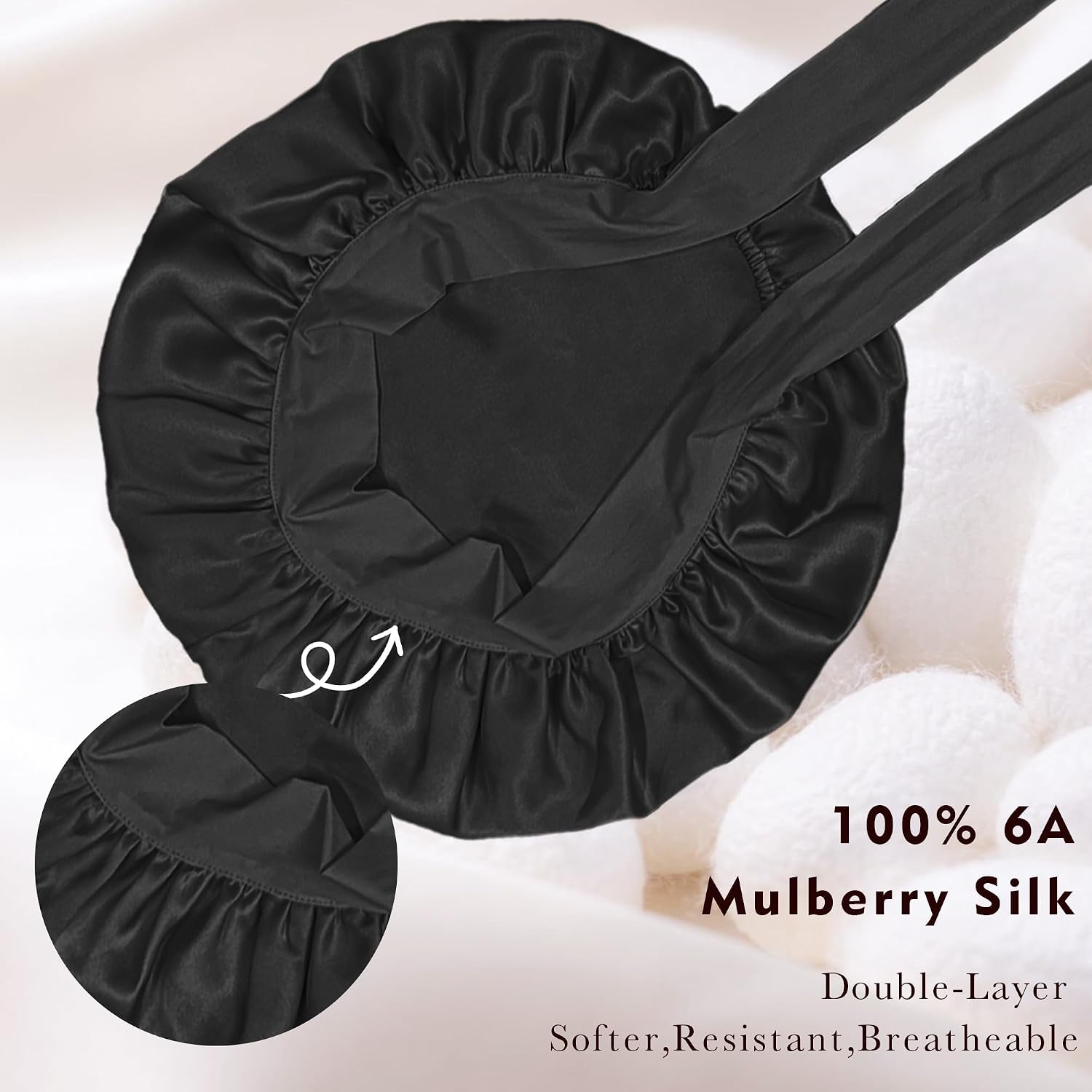 Simnice 100% Silk Bonnet for Sleeping Women ，Mulberry Silk Sleeping Bonnet Sleep Cap, Non-Slip Turban Adjustable Night Hair Bonnets for Sleeping, Black