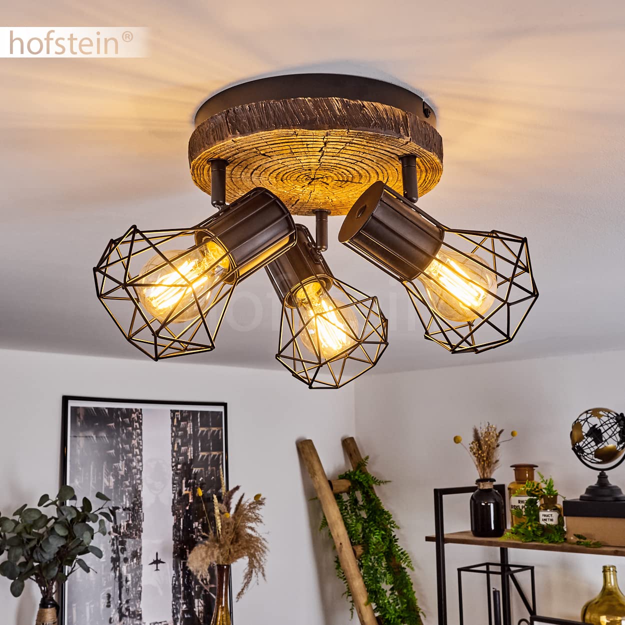 Lampa sufitowa Bardhaman, lampa sufitowa z metalu w optyce czarnej/drewna, spot w stylu retro/vintage z regulowanymi kloszami w optyce kraty z efektem świetlnym, 3 żarówki, gniazdo E27, bez żarówek