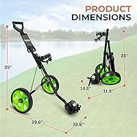 Vista 7 de JOVIAL Carrito de golf plegable de 2 ruedas, marco de acero ligero, soporte para tarjeta de puntuación, mango acolchado ajustable, correas de bolsa