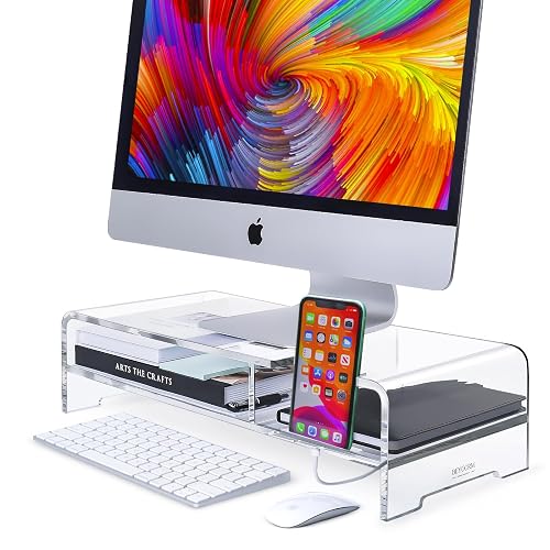 BEYGORM Acrylic Monitor Stand Riser, Wide 20", 2 Tier Computer with Storage, Desk Organizer Desktop Printer Laptop Storage Shelf Screen Holder Phone Holder(Clear)