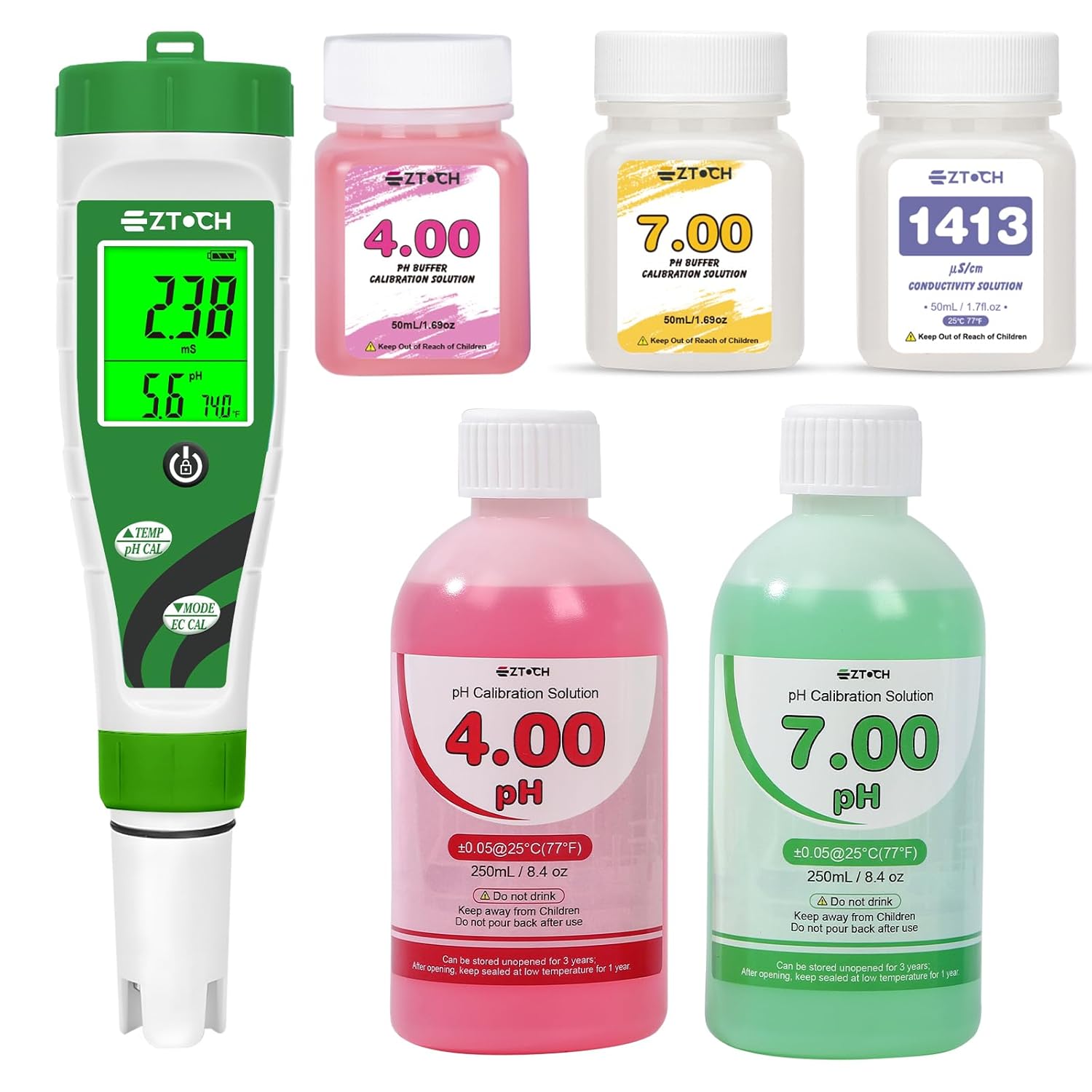 pH EC TDS Meter for Water Hydroponic Nutrient with 8.4oz pH 4.00 Calibration Solution and 8.4oz pH 7.00 Calibration Solution, 4 in 1 pH Conductivity PPM Tester with Simultaneous Display