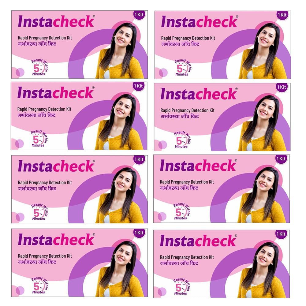 Instacheck HCG Pregnancy Detection Kit Sensitive & Accurate Measurement Results within 5 mins, Easy to Use for Home Tests with Urine Collection Tray (Pack of 8) kits