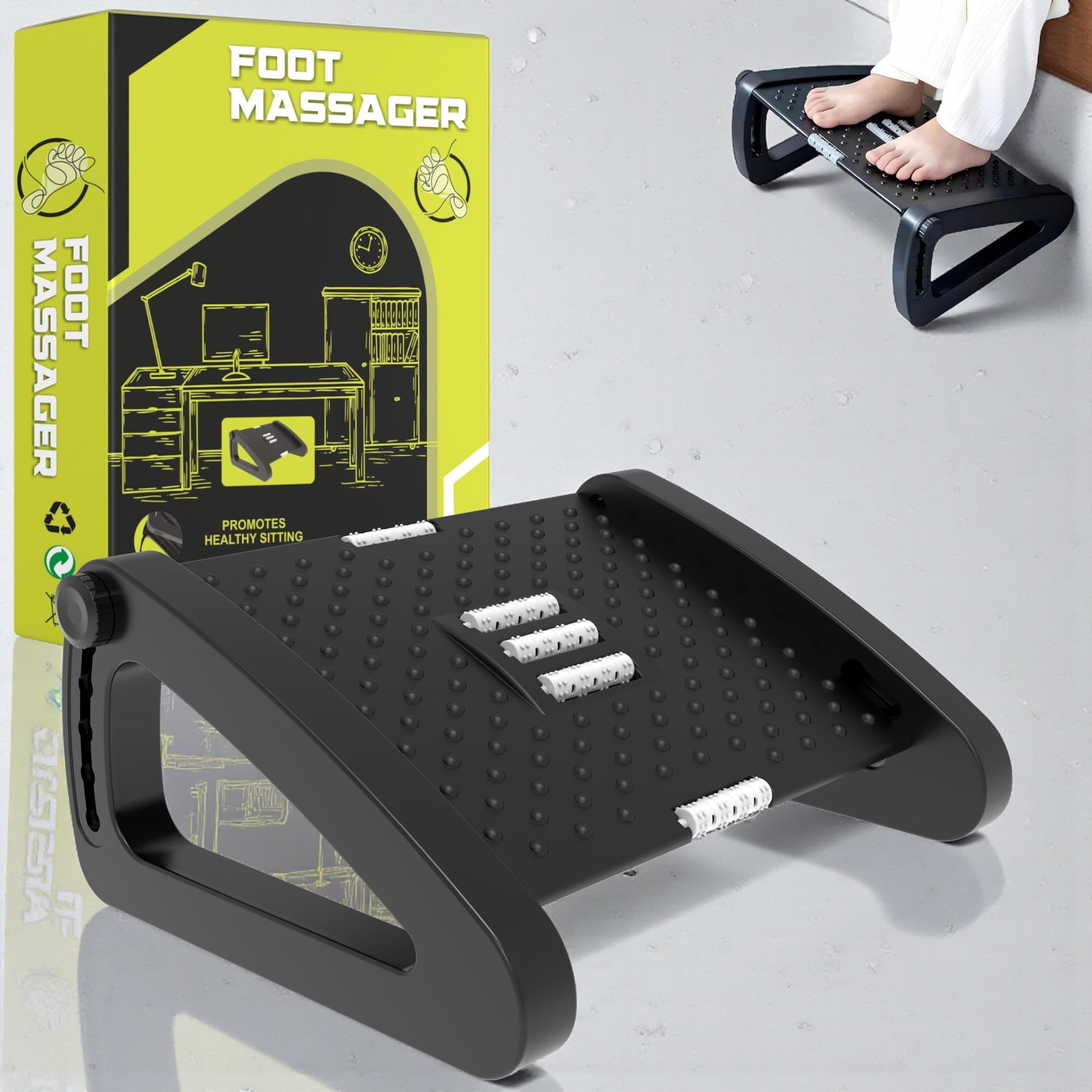 TechHark® Adjustable Footrest with Massage Surface, Ergonomic Design for Office and Home Under Desk Foot Rest, Height Adjustable, Black(6-Month Warranty)