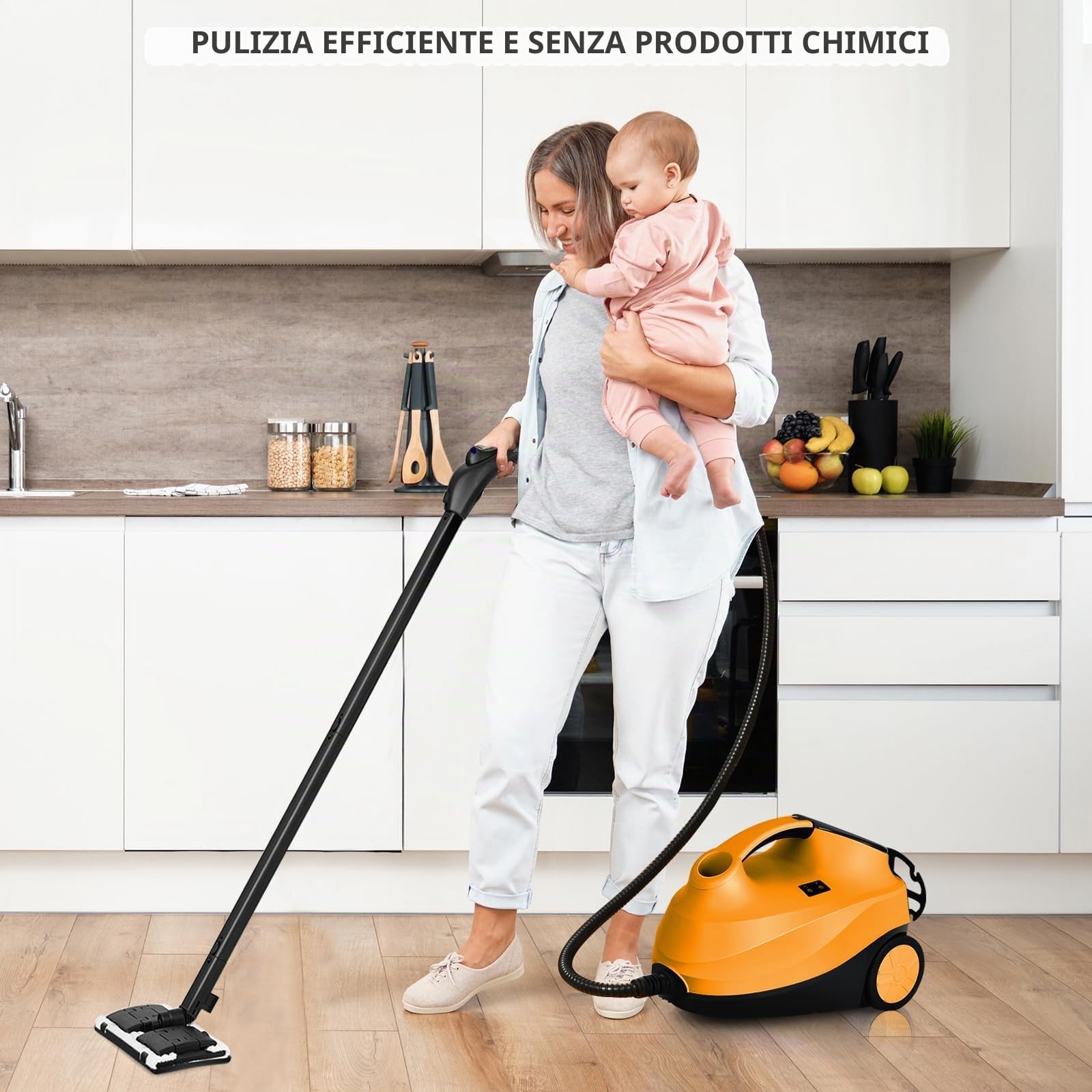 FANTASK Pulitore a vapore con 19 accessori e luce LED di avvertimento per tappeti, pavimenti, finestre, auto, 2000 W, tempo di riscaldamento: 5 minuti, temperatura: fino a 108 °C, serbatoio: 1,5 l