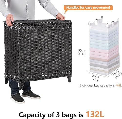 Miniatura 4 de Laundry Hamper with 3 Removable Liner Bags; 132L Handwoven Rattan Laundry Basket with Lid & Heightened Feet; Clothes Hamper with Side Handles; Negro