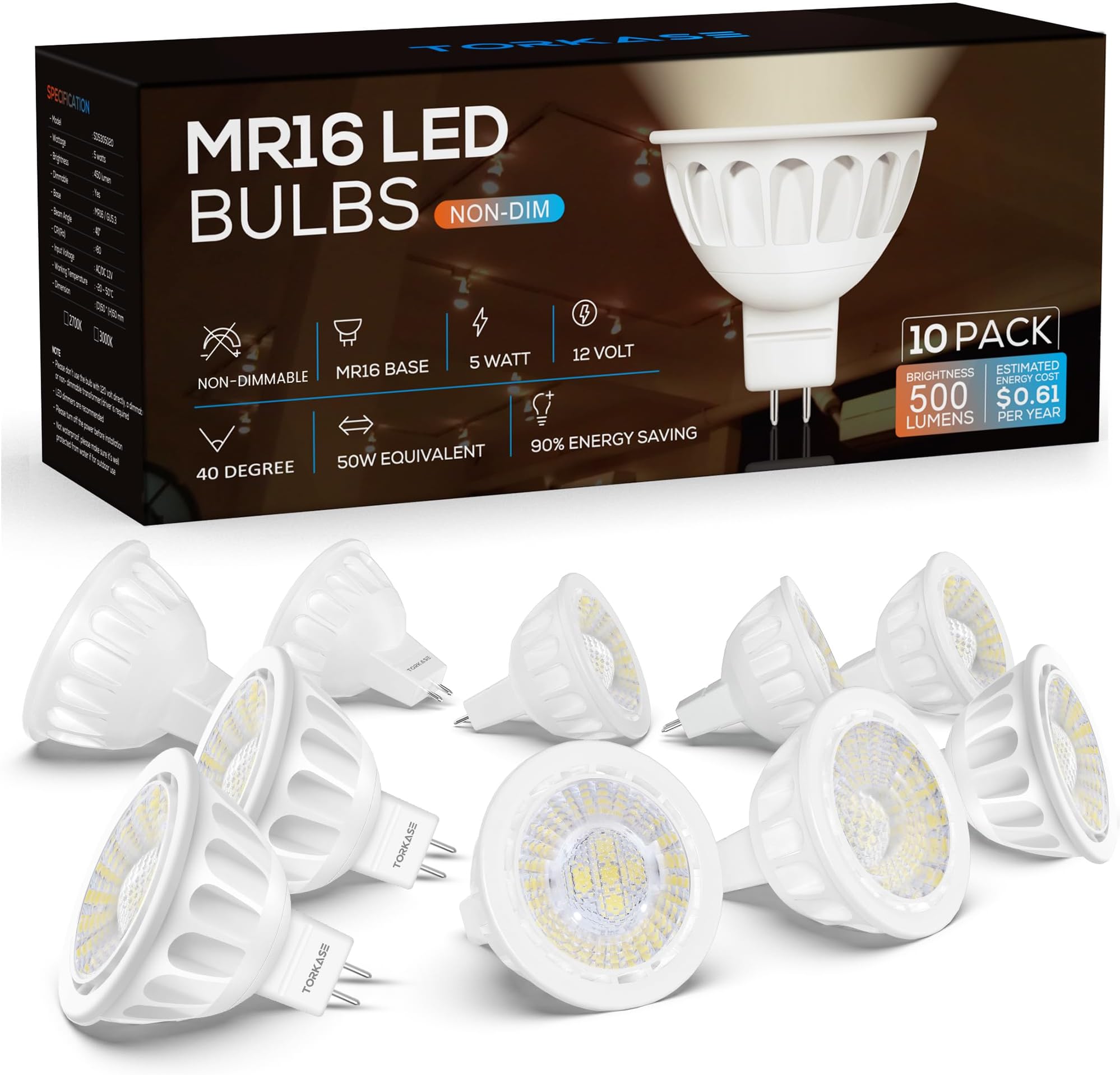 Dimmable MR16 LED Bulbs(UL Listed),2700K Soft White,5W-50W Equivalent,GU5.3 Bi-Pin Base,12V Low Voltage,40-D Narrow Beam Angle,Indoor/Outdoor Landscape Warm LED Spot Lighting Bulbs,10-Pack