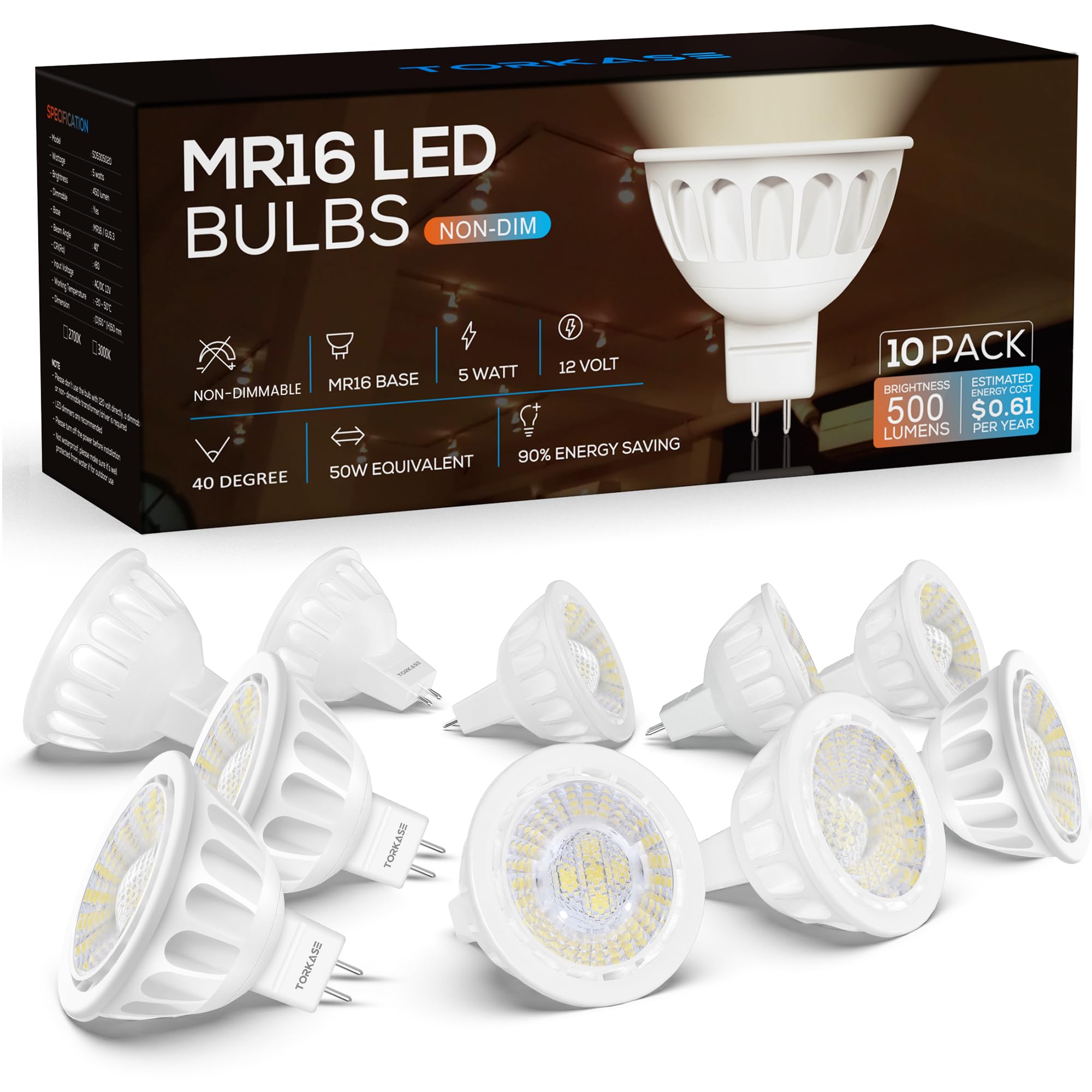 Torkase MR16 LED Bulbs,2700K Warm White,5W,50W Halogen Replacement Landscape Light Bulbs,GU5.3 Bi-Pin Base,AC/DC 12V Low Voltage Indoor Outdoor