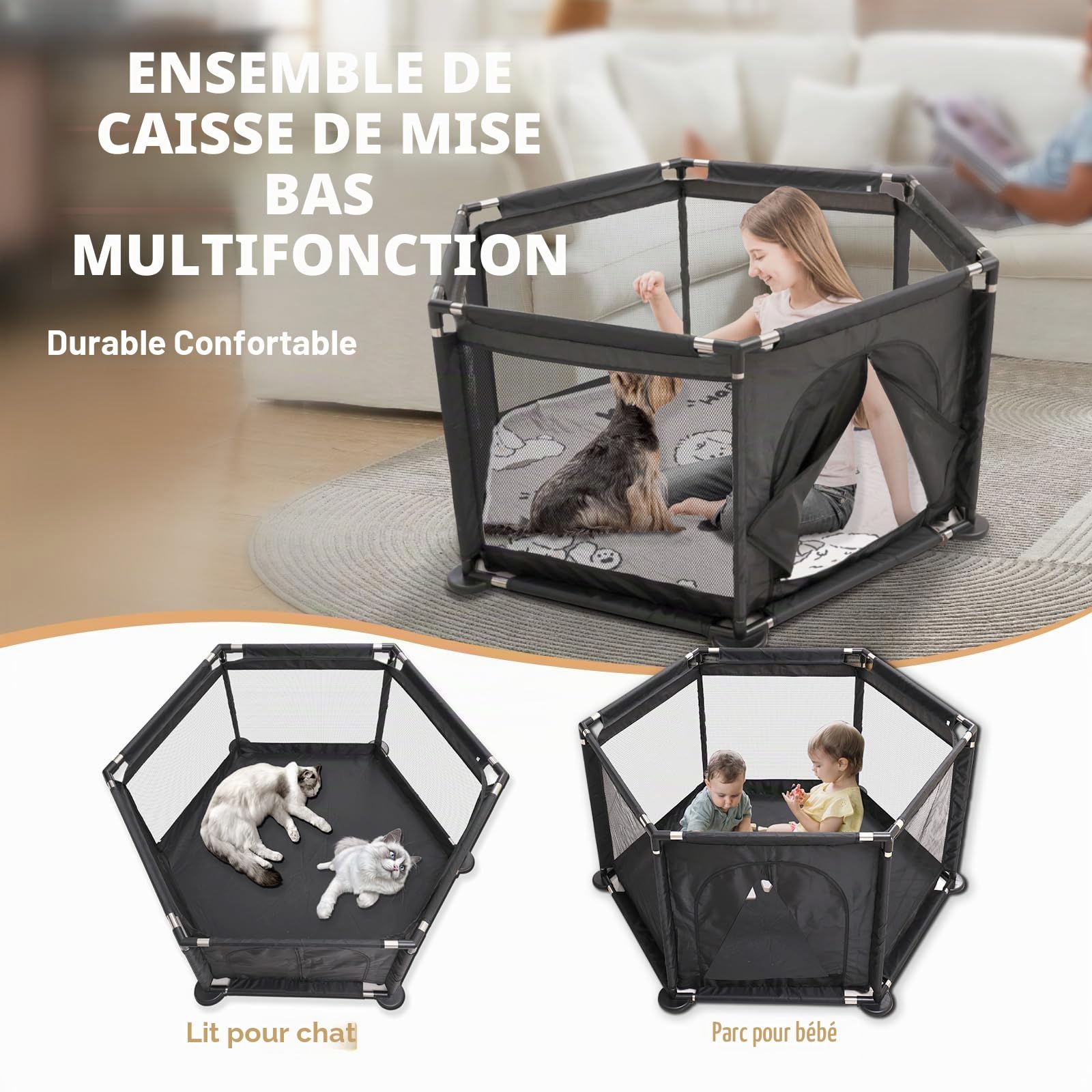 Caisse hexagonale pour chiots extra hauts, parc + coussin pour chiots de grande et petite race, accessoires indispensables pour chiens, chiots, 122 x 65 cm, noir
