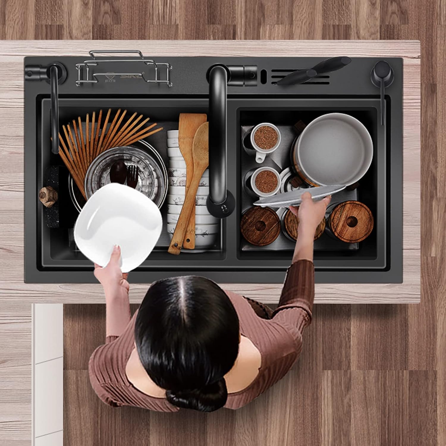 Black Stainless Steel Kitchen Sink Double Bowl Bar Sinks Rv Sink with with Square Faucet & Sink Accessories Drop-in Or Undermount (Color : Black, Size : 88x48x22cm)