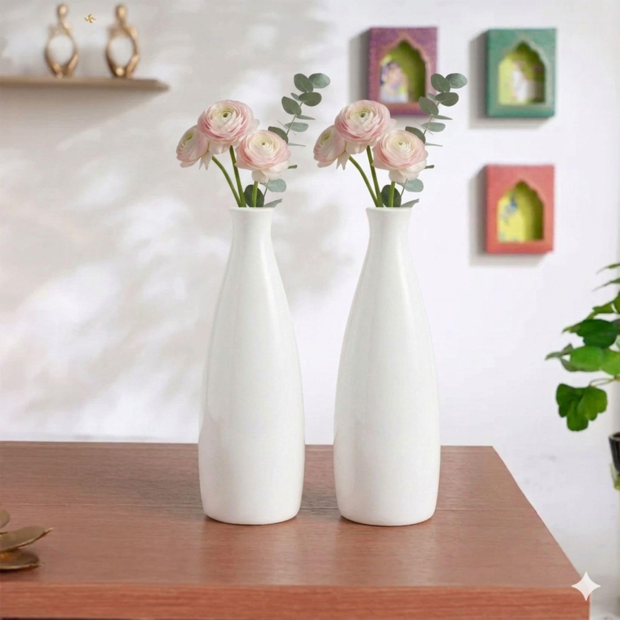 STARLIGHT Stylish Sleek White Ceramic Vases for Flowers - Set of 2 Contemporary Bottle Shaped Bud Vases for Interior Decoration & Table Styling-picture-36