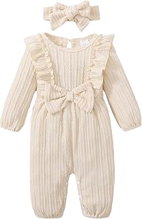 Baby Girl Romper Infant Fall Winter Clothes Ruffle Sweater Long Sleeve Bodysuit Jumpsuit and Headband - Buy now