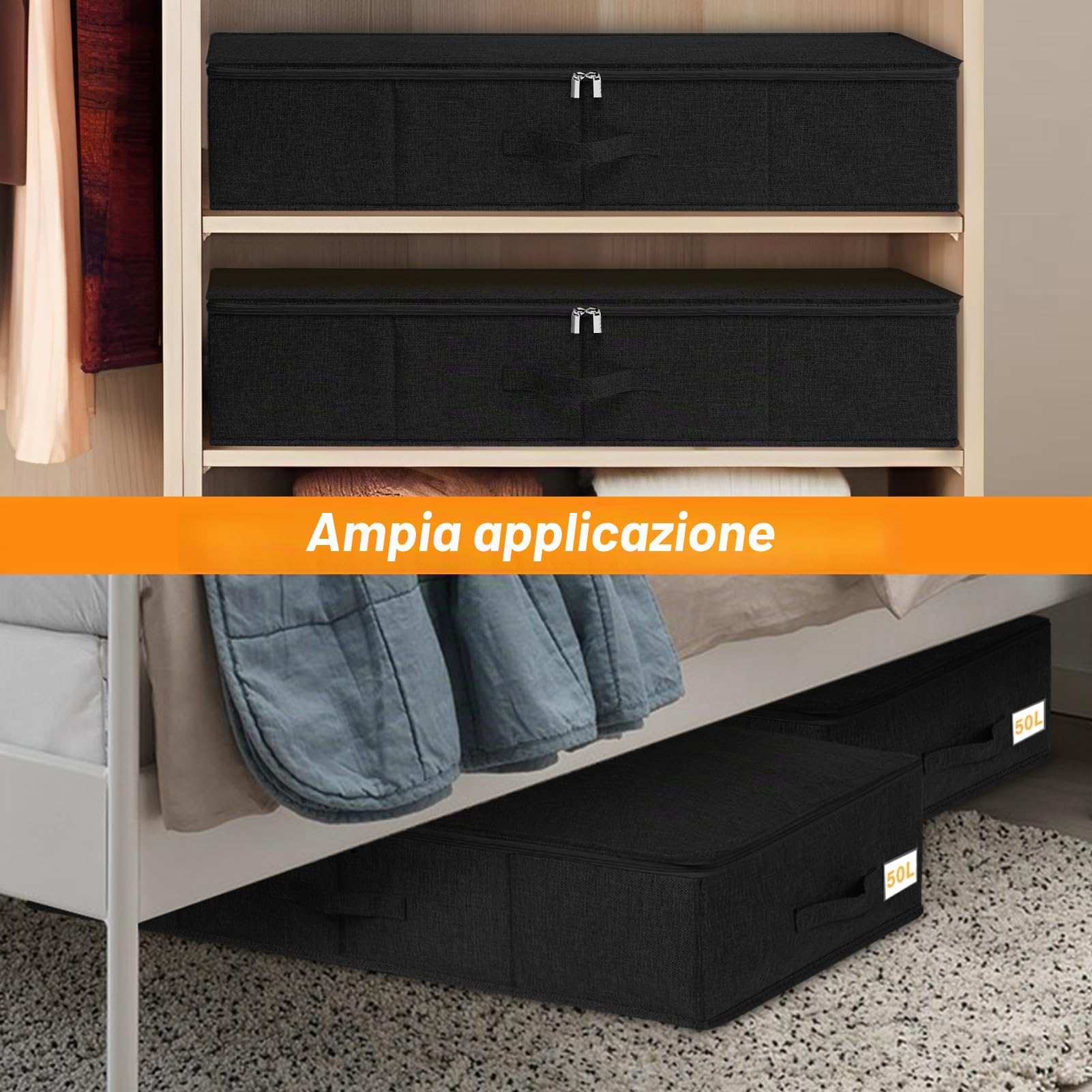 Scatola portaoggetti sottoletto con coperchi, confezione da 3 contenitori sottoletto con supporto laterale e inferiore e 3 manici, grande contenitore pieghevole in tessuto sottoletto per