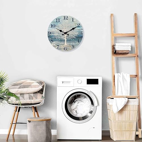 Miniatura 5 de XFM Reloj de Pared del Árbol de la Vida Silencioso Sin Tic-Tac Relojes de Madera Operado por Batería 16 Pulgadas Pequeño País Retro Decorativo Azul