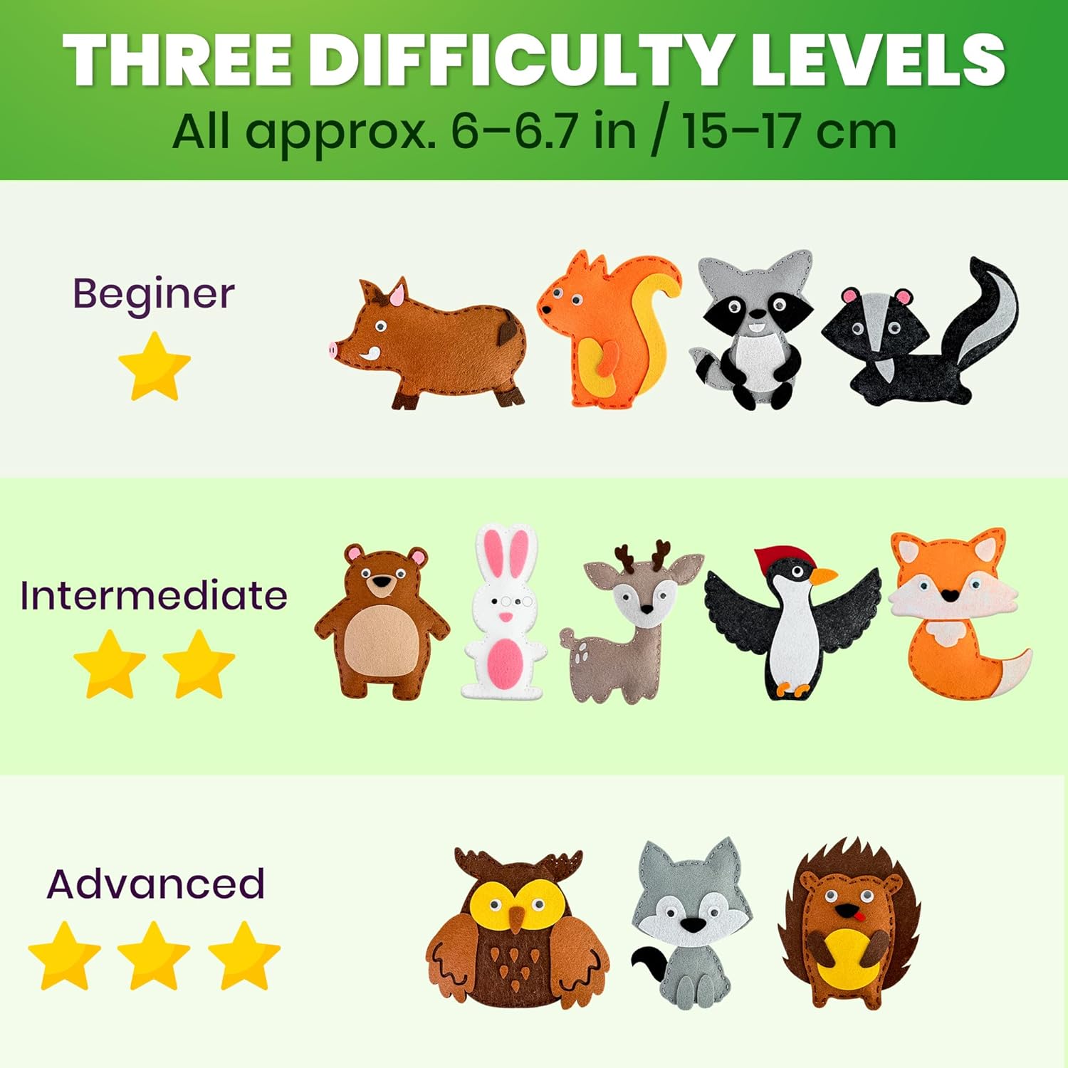 QUOKKA Kids Crafts Ages 4-8, DIY Beginner Needle and Thread Kit - 12 Wild Animals Sewing Kit Basic - Fun Arts Crafts for Kids Ages 6-8 Girls Boys - Plastic Needles, Scissors - 6+ Year Old Girl Gifts