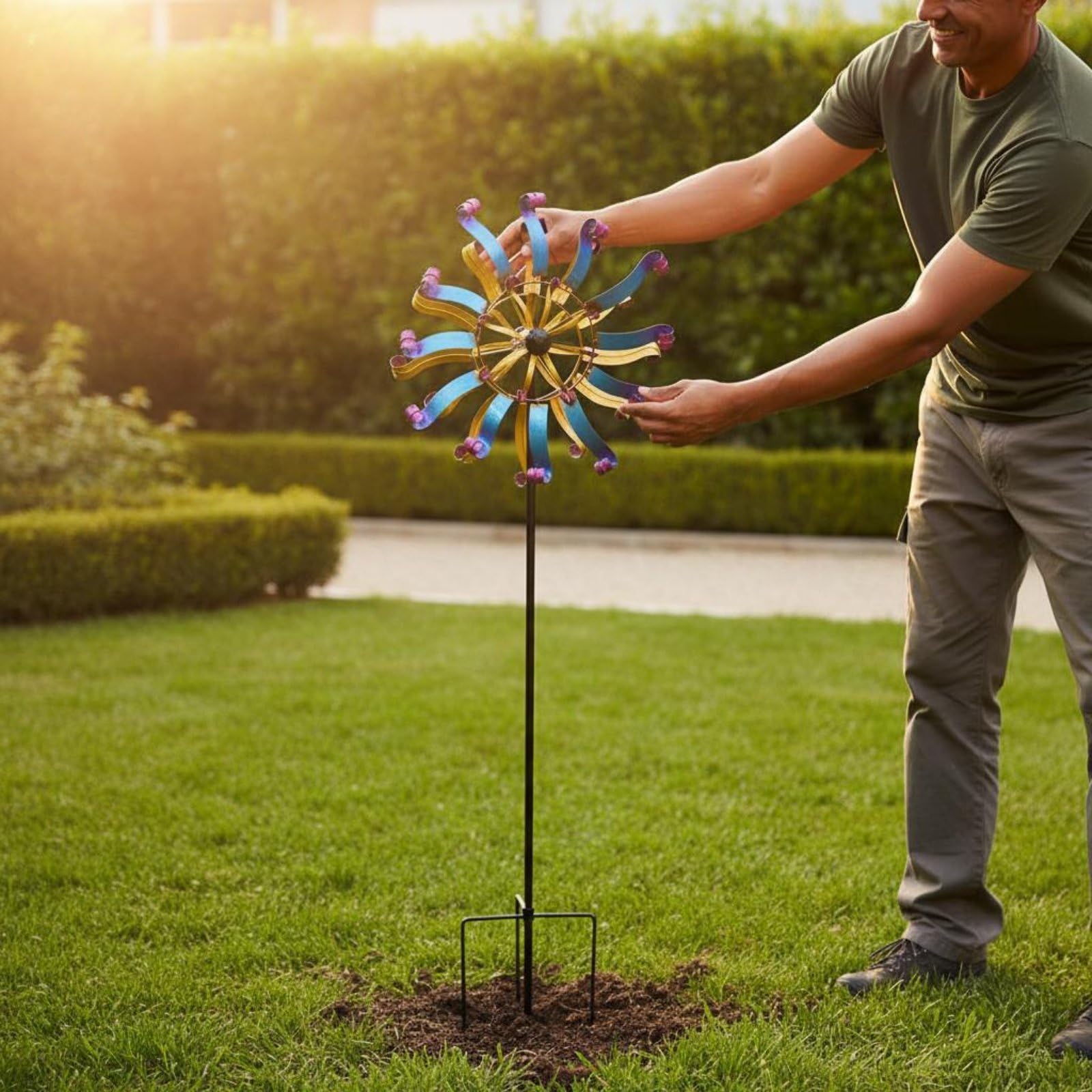 Windmühle Garten Windspiel Metall Zweischichtiges Flügeldesign Ruhiger Lauf Farbige Oberfläche Reflektierend Fester Stand für Tägliche Gartennutzung für Hof Garten Balkon