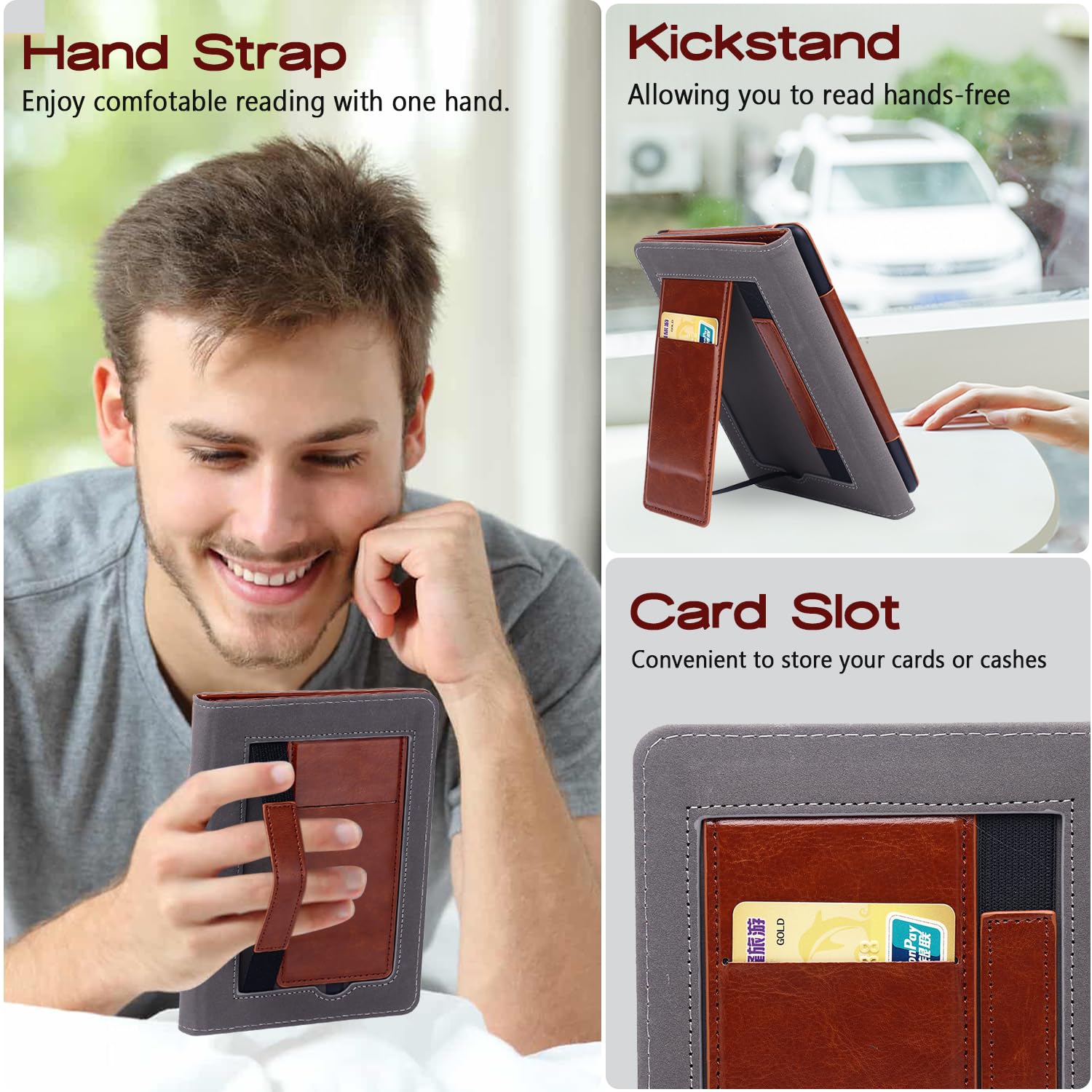 Schutzhülle mit Standfunktion für Kindle Paperwhite (12. / 11. Generation 2024/2021) und Kindle Colorsoft Signature Edition, schmal, strapazierfähig, PU-Leder, Handschlaufe, automatische Wake