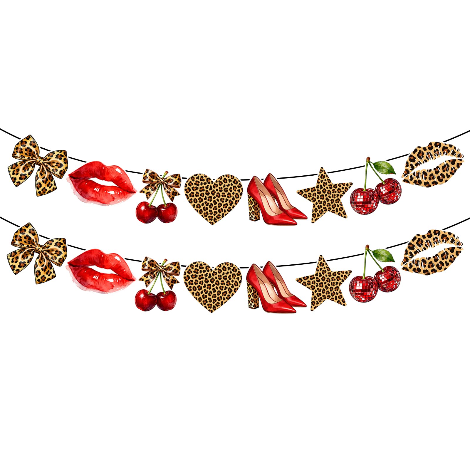 2Pcs Pre-Stitched Cherry Leopard Print Banner, Red & Cheetah Party Decorations Supplies Leopard Print Decor Party Sign, Birthday Backdrop for Women Flexible Hanging Use
