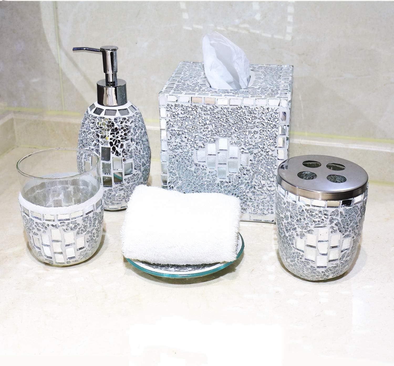 COMMODA Silver Mosaic Bathroom Accessories Set, 5 Piece Bath Set Collection Features Soap Dispenser, Toothbrush Holder, Tumbler, Soap Dish, Tissue Cover (Silver)