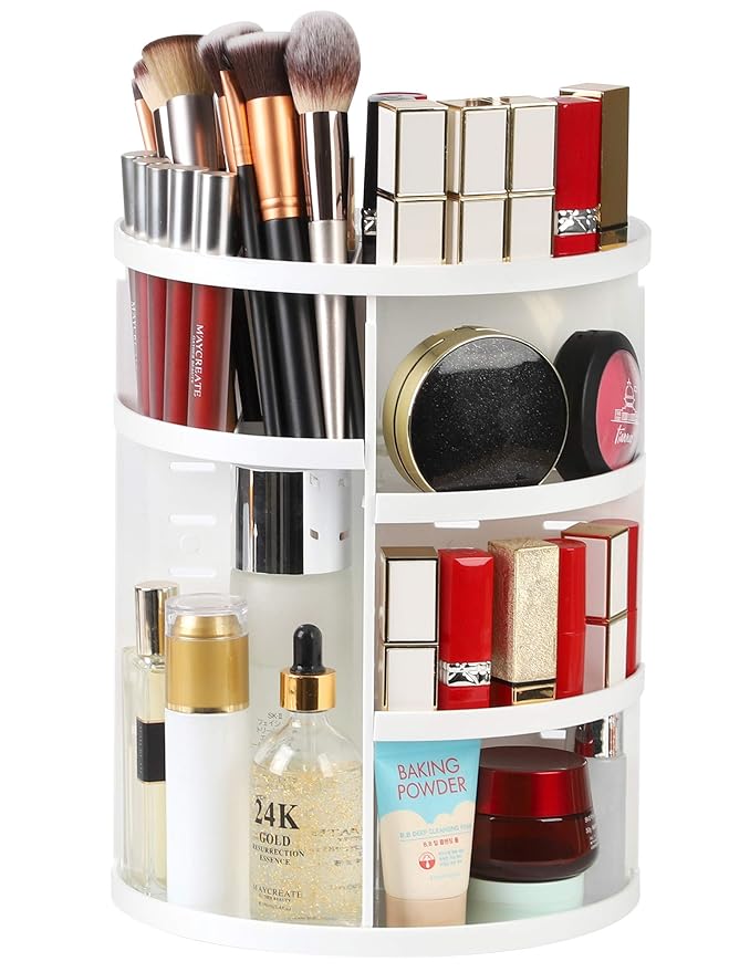 Syntus 360 Rotating Make-up Organizer, DIY Adjustable Rest room Make-up Carousel Spinning Holder Rack, Giant Capability Cosmetics Storage Field Vainness Shelf Countertop, Matches Make-up Brushes, Lipsticks, White