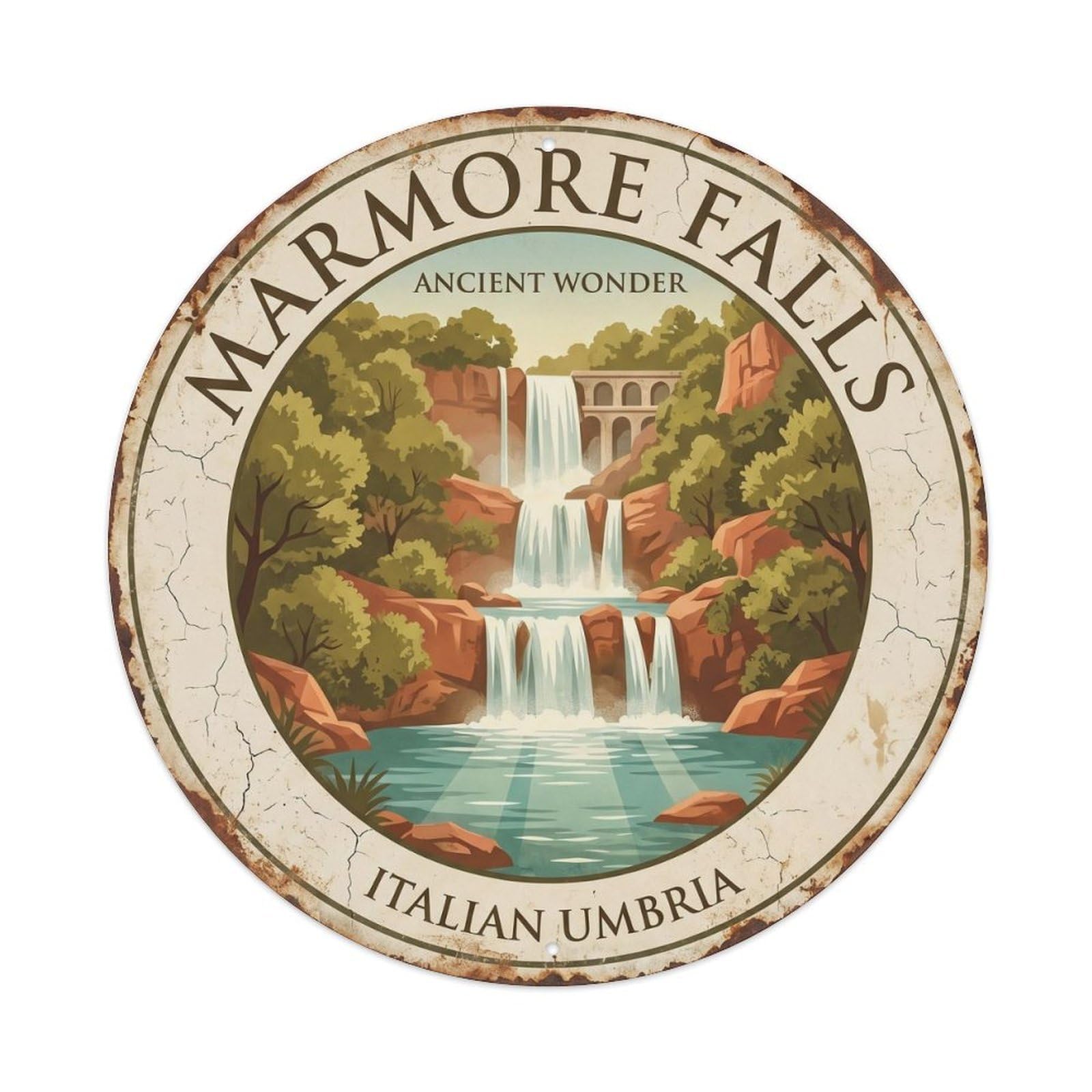 Vintage Travel Marmore Italy Ancient Metal Tin Sign Plaque Wall Decor for Cafe, Club, Garden Round Metal Poster 8x8Inch